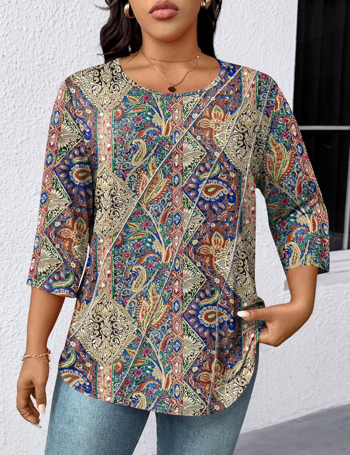 LOMON Womens Plus Size Tops 3/4 Length Sleeve Womens Tops Pleated Crewneck Fall Shirts Summer Blouses 2026 (1X-5X) - Image 3