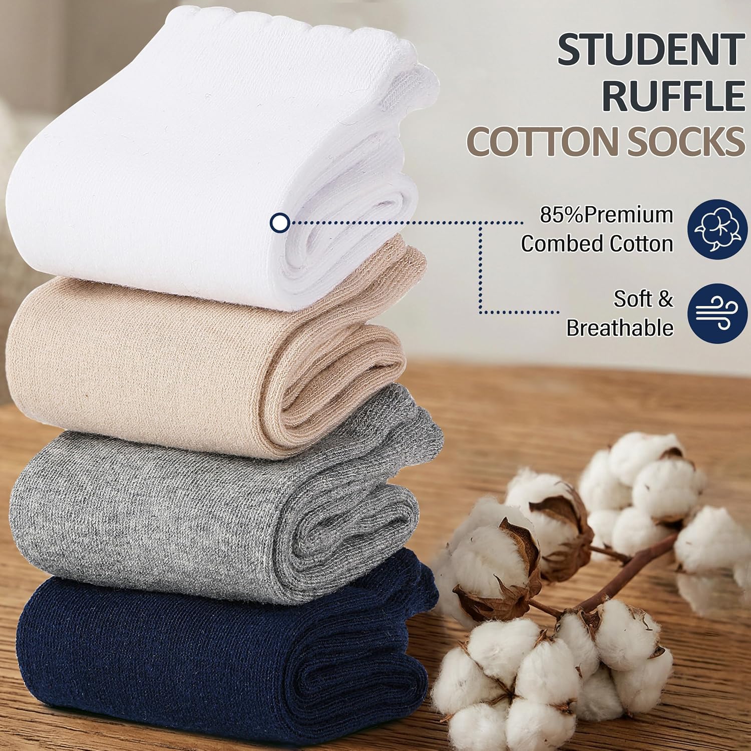 MOGGEI Girls Kids Ruffle Cotton Socks for School Uniform, 6 Pairs