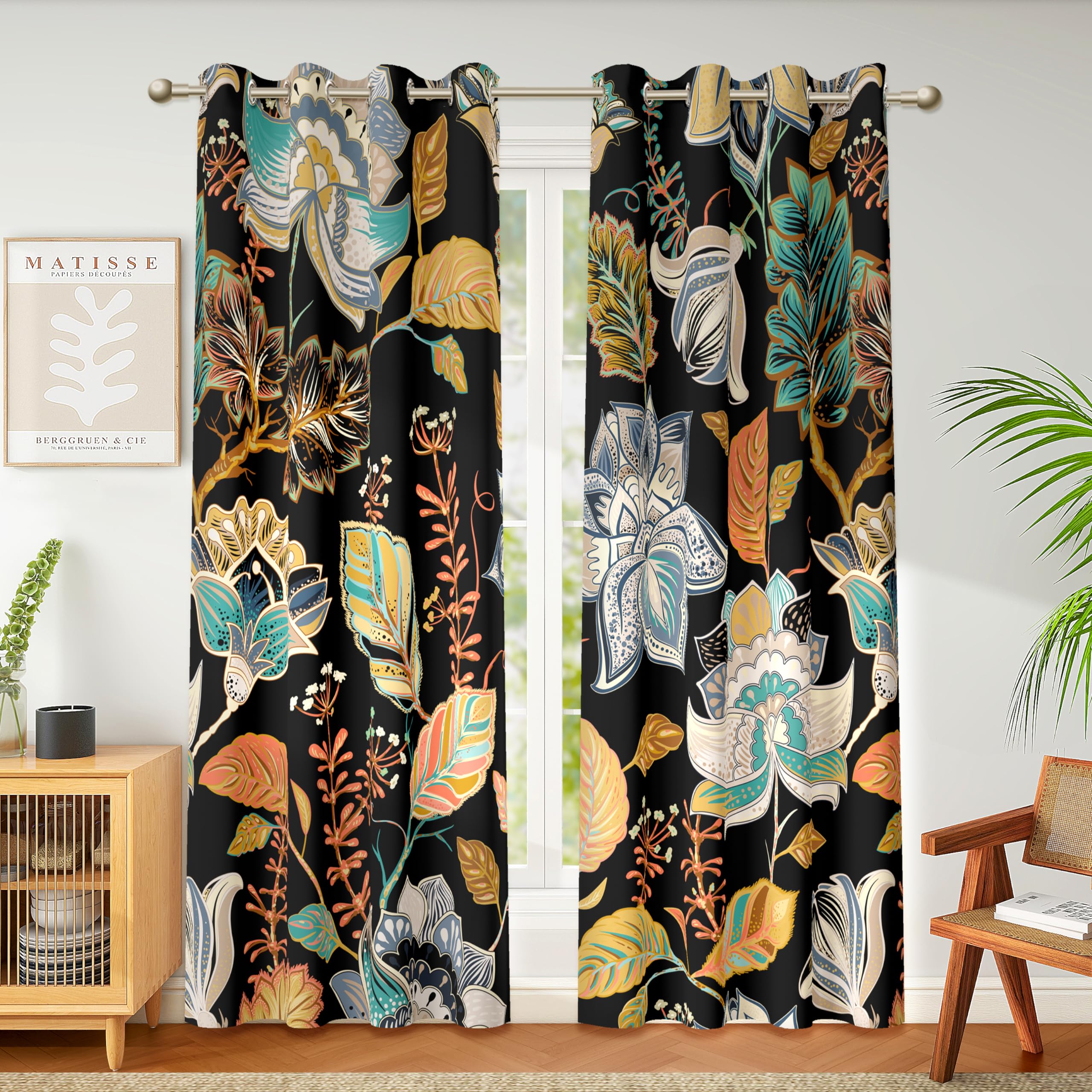 weesire Boho Curtains with Flower Pattern, Decorative, 50% Light Blocking, Blackout Grommets, Black Curtain for Living Room, Villa, Bedroom, Bohemian Flower Curtains, 2 Panels, 132 x 160 cm