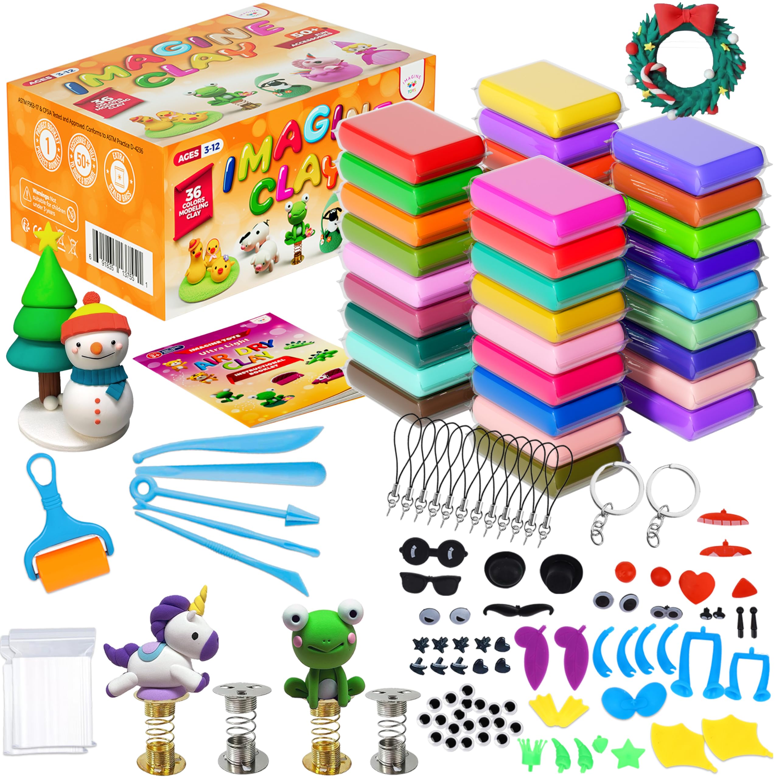 SUPER FUN AIR CLAY MODELING KIT - 36 Colors Air Dry Modeling Clay with 5 Sculpting Tools plus Roller, 50+ Decorations, 4 Spring Seats, 10 Phone Chains, 2 Key Rings, Booklet, Etc. Great Gift. Age 3-12+