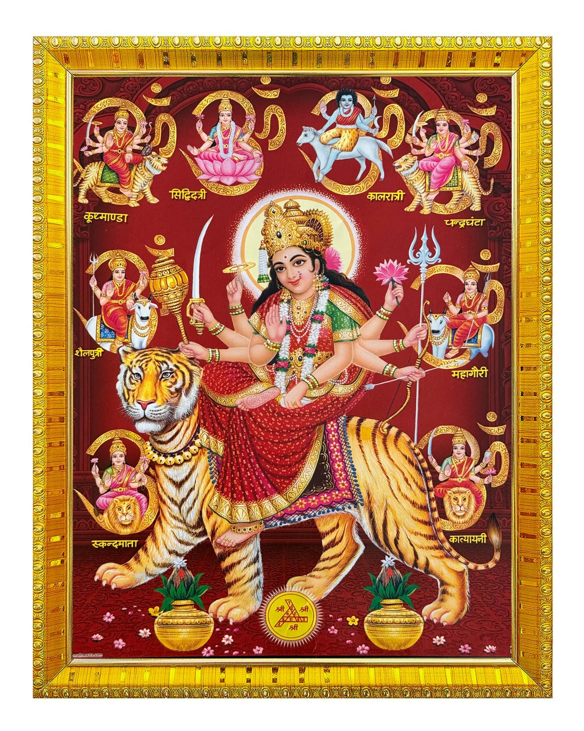 Koshtak Nan Durga/Ambe/Sherawali On Lion With Yantra Photo Frame With Glossy Lamination On Poster With Golden Frame For Puja Room/Temple/Wall Hanging/Gift/Home Decor/Worship Size 30cm x 23 cm…...
