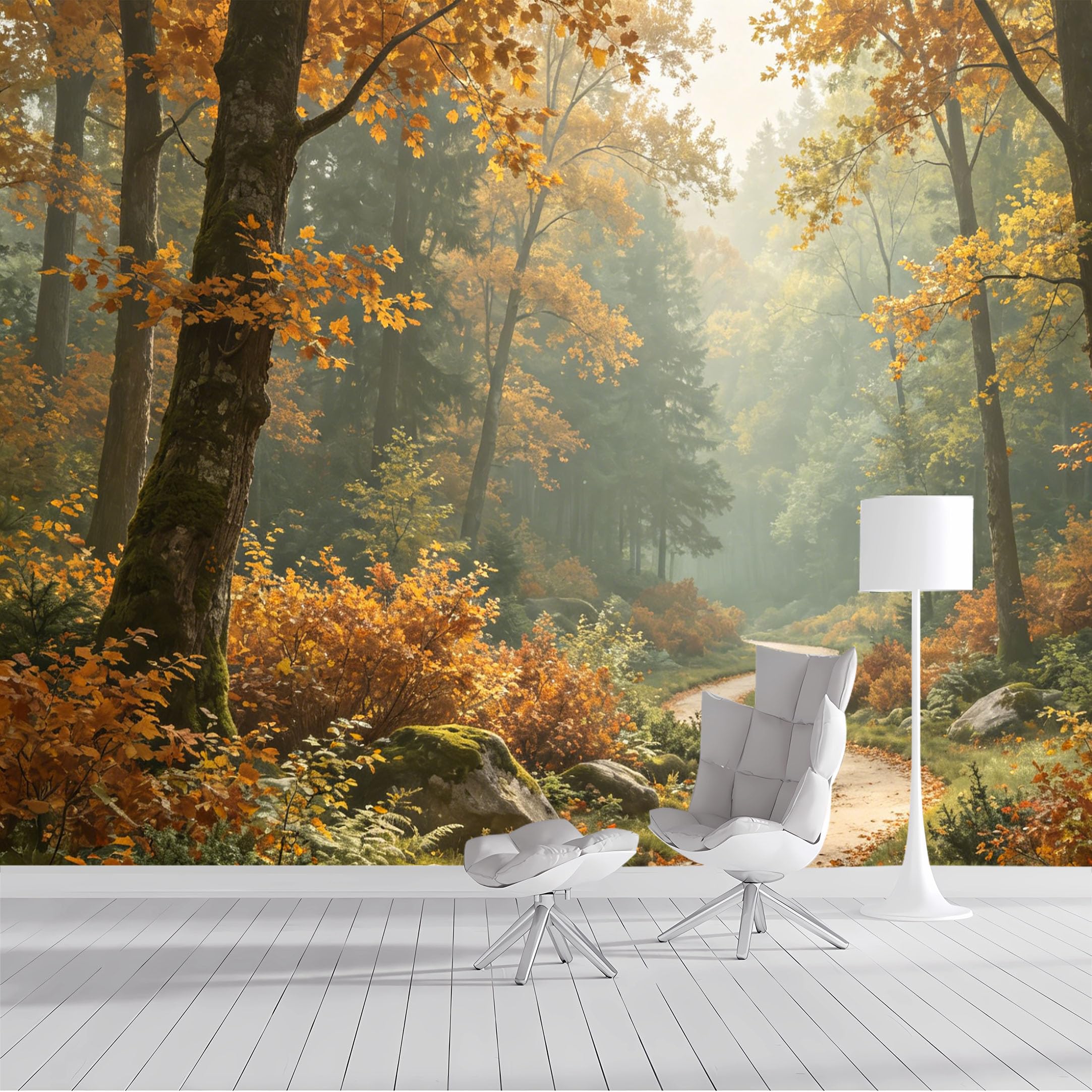 Custom Size Wall Mural Autumn Forest Path Misty Landscape Woodland Nature Scenery Oil Painting Style SelfAdhesive Wall Fabric Removable Peel and Stick Wallpaper for Living Room Bedroom