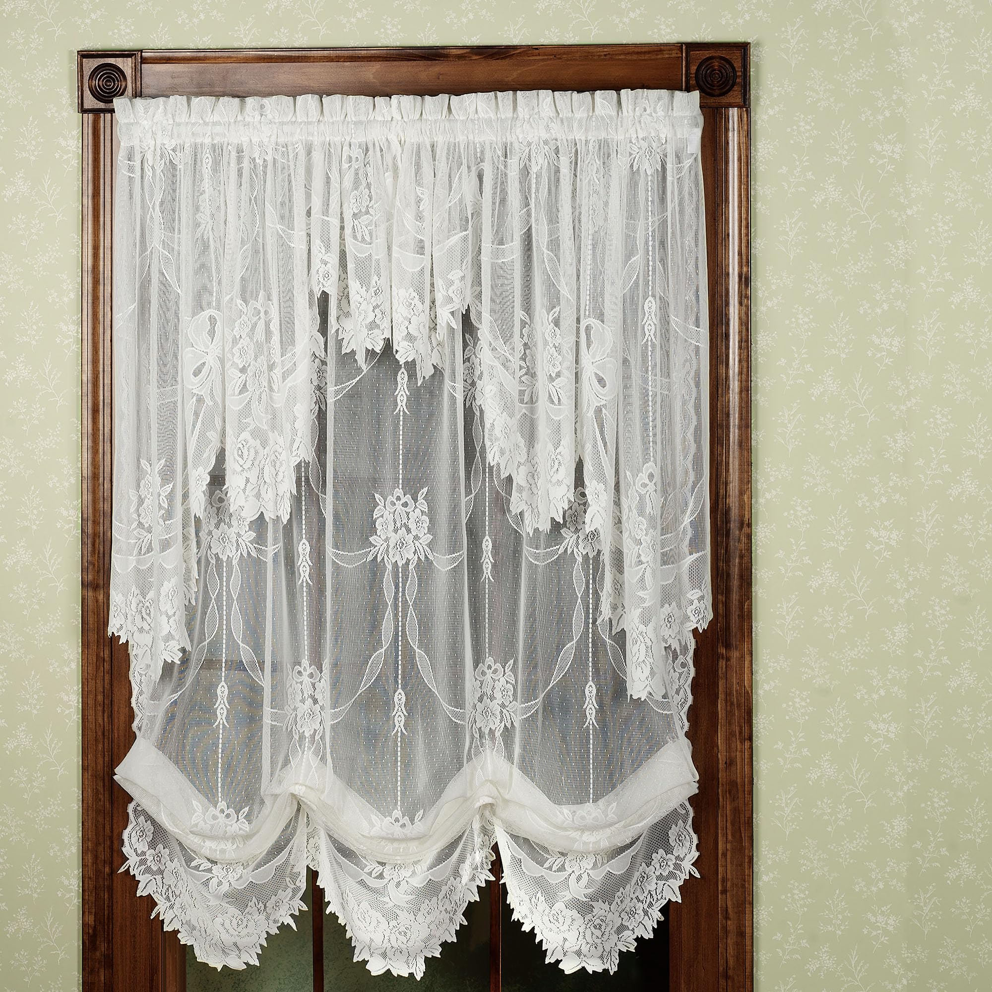 Romantic Garland Lace Window Treatments | Antique White | Hand-Cut Floral and Leaf Designs in Solid Color Fine-Gauge Polyester Jacquard Lace | Rod Pocket Drapery Set: Balloon Shade & Swag Valance Pair