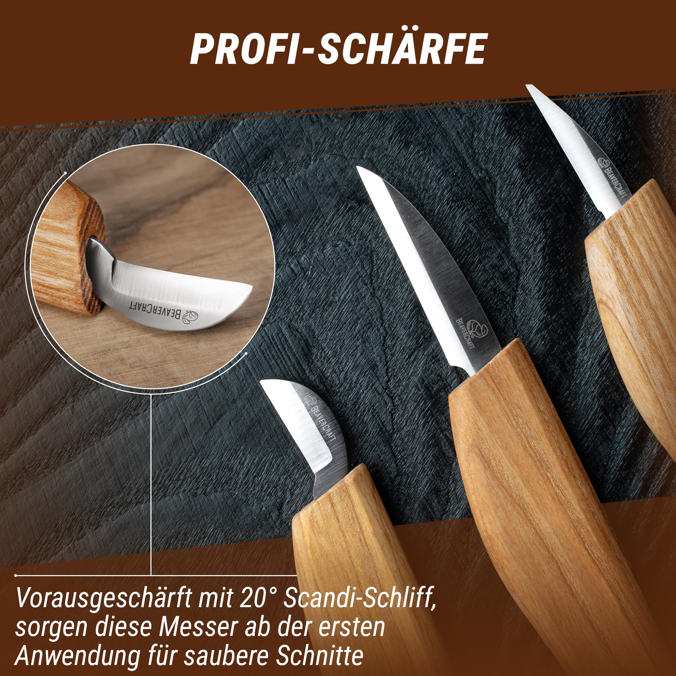 BeaverCraft Holzschnitzmesser-Set S15, Schnitzset für Anfänger, Kinder – Holzschnitzwerkzeug-Set mit detailliertem Spanmesser, Sloyd-Schnitzmessern und Lederstreichriemen, Poliermittel und Tutorials