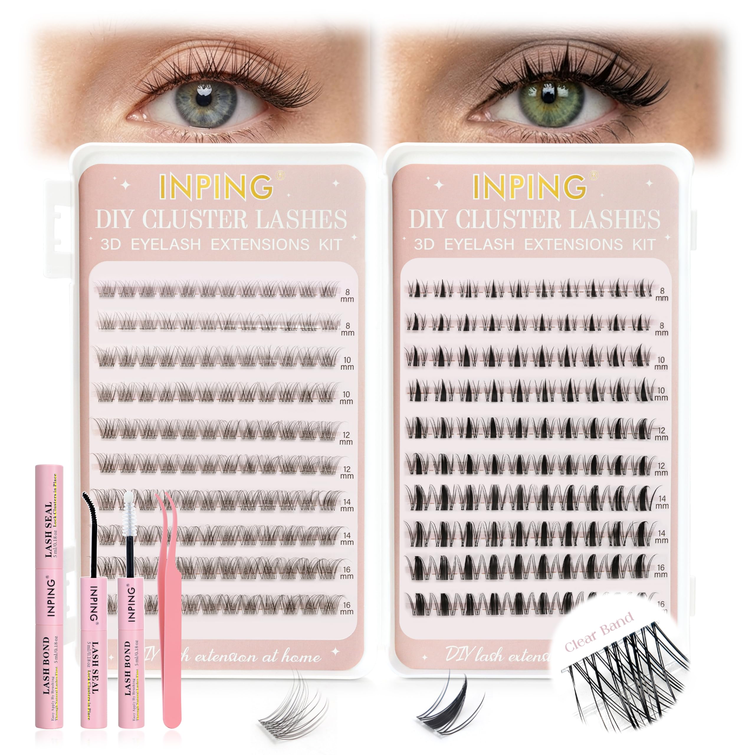 INPING zestaw do przedłużania rzęs, 2 style Naturalne Cluster Lashes na przezroczystym taśmie, zestaw Fairy Wispy Manga Lashes Extension z pincetą Lash Bond and Seal do przedłużania rzęs w domu DIY, 8