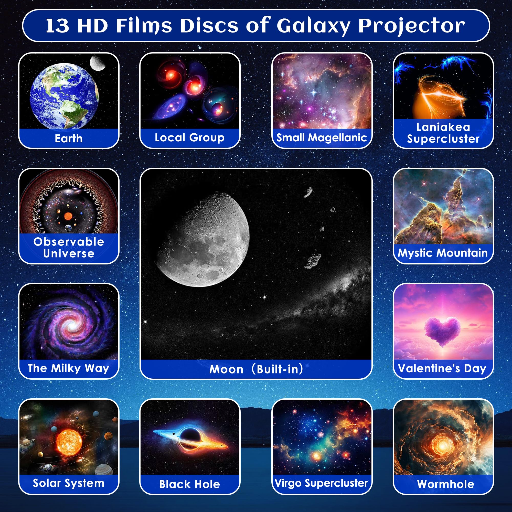 Proiettore Galaxy per camera da letto versione Pro, HD 12 in 1 Dischi Film Proiettore Star con Bluetooth Galaxy Light, Planetario Proiettore con Timer, Rumore Bianco, Rotazione a 360°, Telecomando