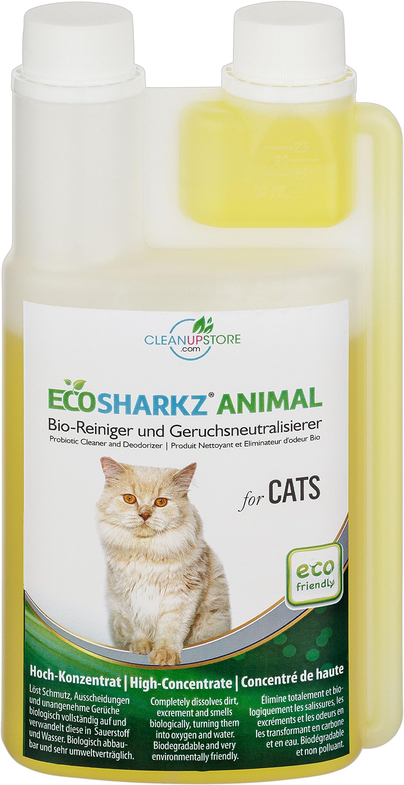 Best Cat Urine Remover - Cleans Litter Tray: Ecosharkz ANIMAL for CATS Probiotic Cleaner and Deodorizer for Cats (500ml Concentrate yields 25 Litres Ready to Use)
