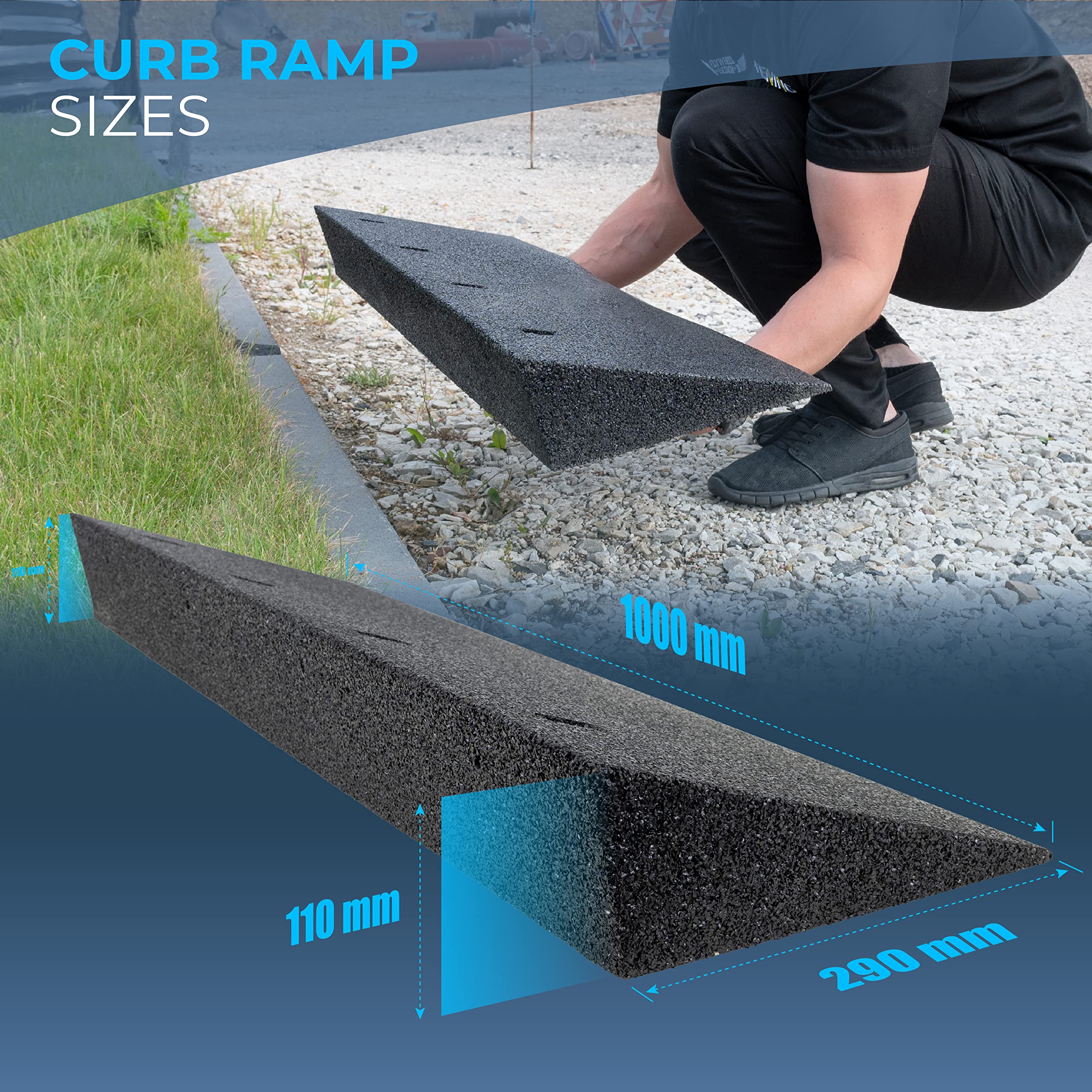 HASKYY Rampe d’accès Robuste en Caoutchouc Noir – Largeur : 100 cm, Hauteur : 110 mm | pour trottoirs, entrées, seuils, terrasses, fauteuils roulants, Voitures et Camping-Cars