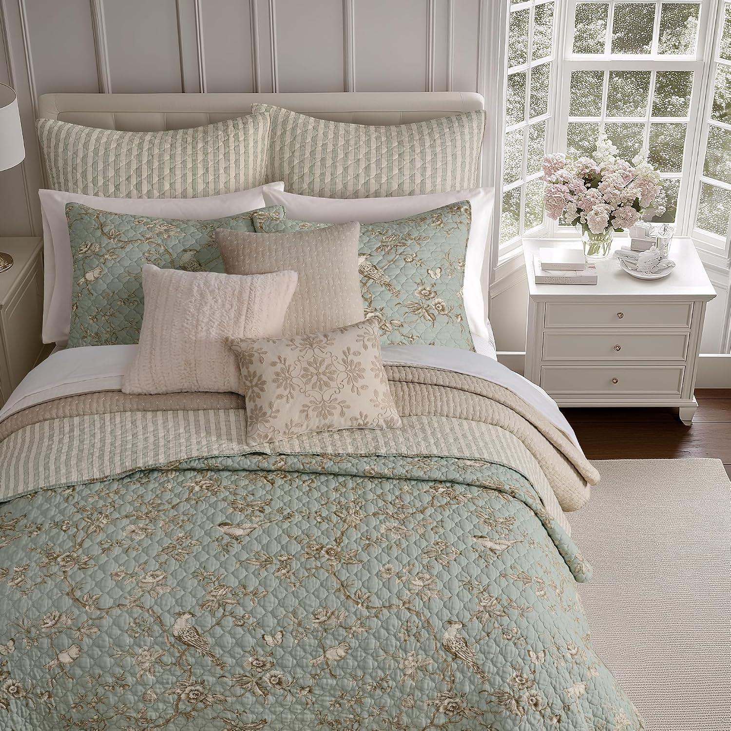 Levtex Home - Lyon Teal Quilt Set - Full/Queen Quilt + Two Standard Pillow Shams - Bird Toile - Teal, Brown, Cream - Quilt Size (88x92in.), Sham Size (26x20in.) - Reversible - Cotton Fabric