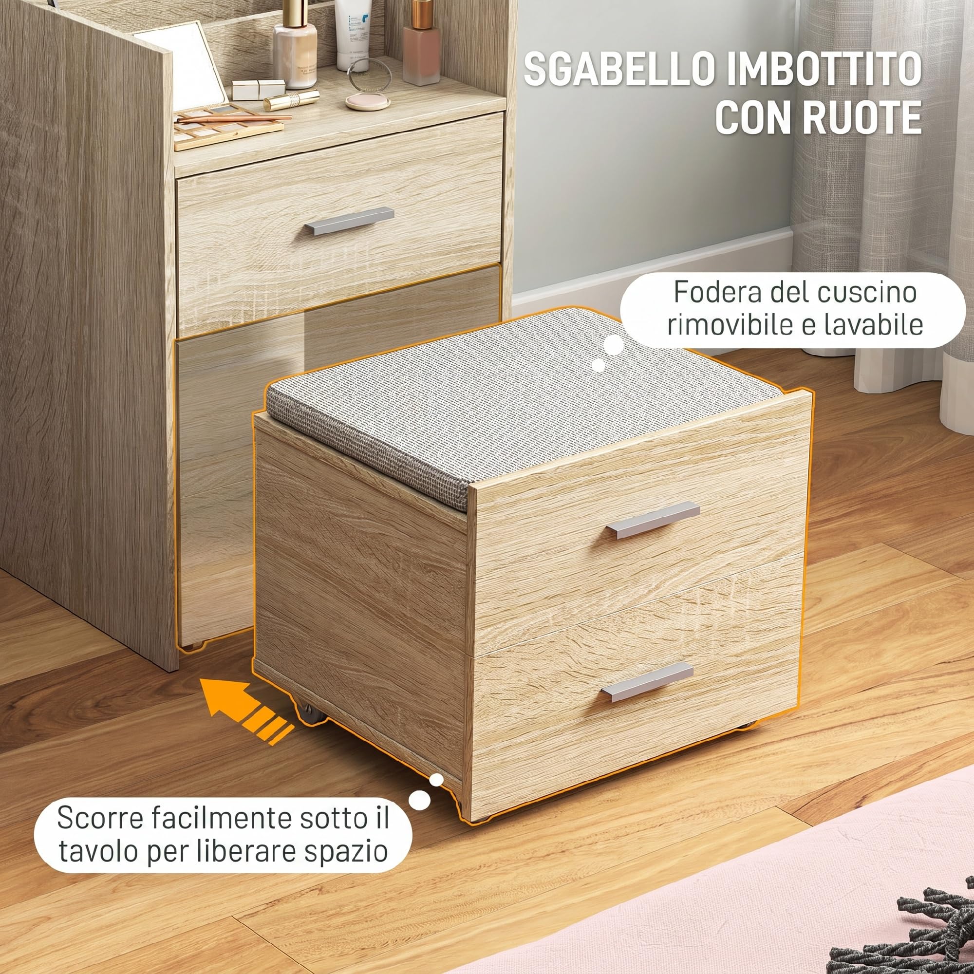 HOMCOM Postazione Trucco con Specchio a Ribalta, Sgabello a Scomparsa con Ruote, Toeletta Trucco con Sgabello, Cassetti, Cuscino in Effetto Lino Staccabile Lavabile, Scomparti, Salvaspazio, Naturale