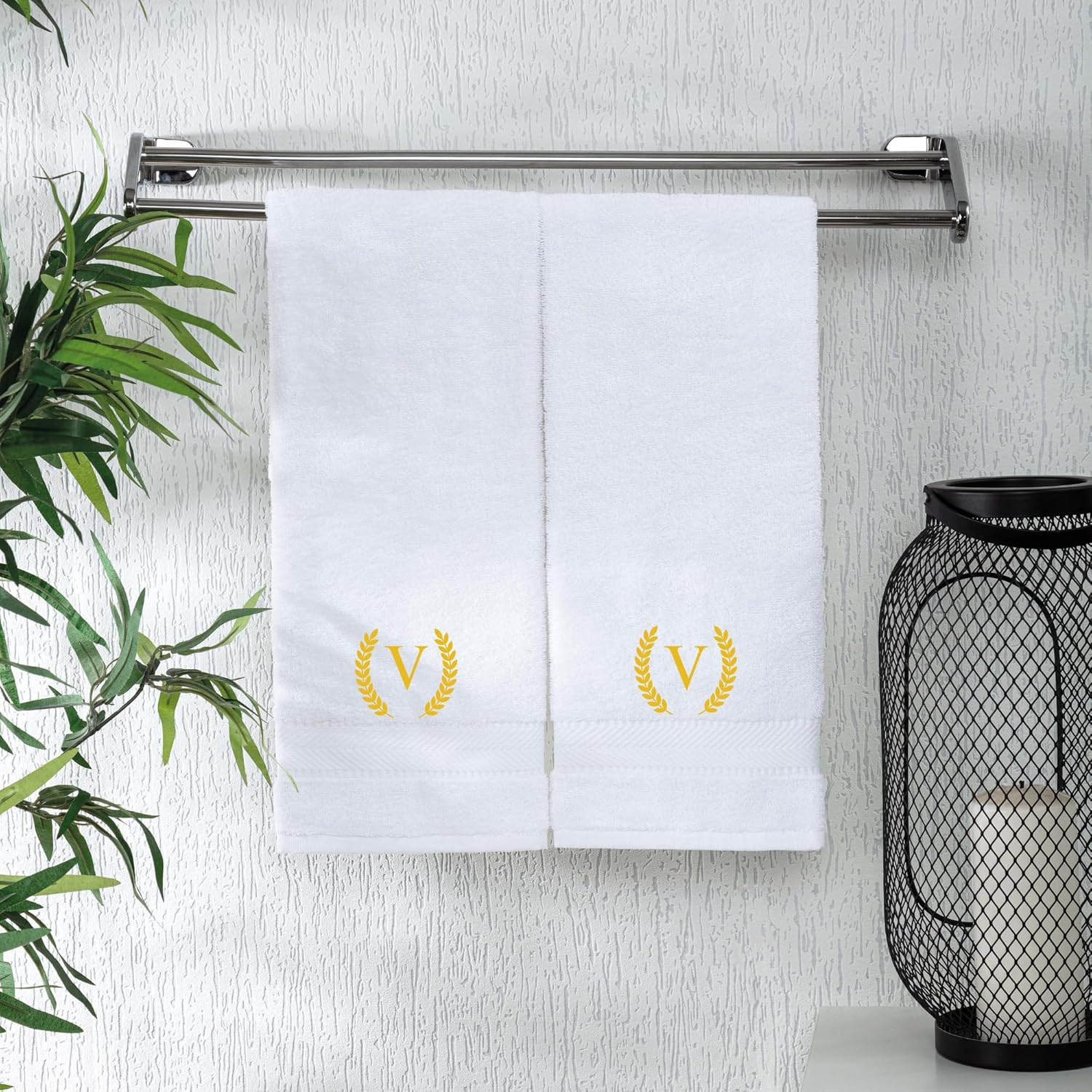 Monogrammed Hand Towels for Bathroom Makeup, Personalized Turkish Cotton Towel with Embroidery, Gift for Weddings, Housewarming, Anniversaries, and Bridal Showers, Set of 2 (Gold, Initial V)