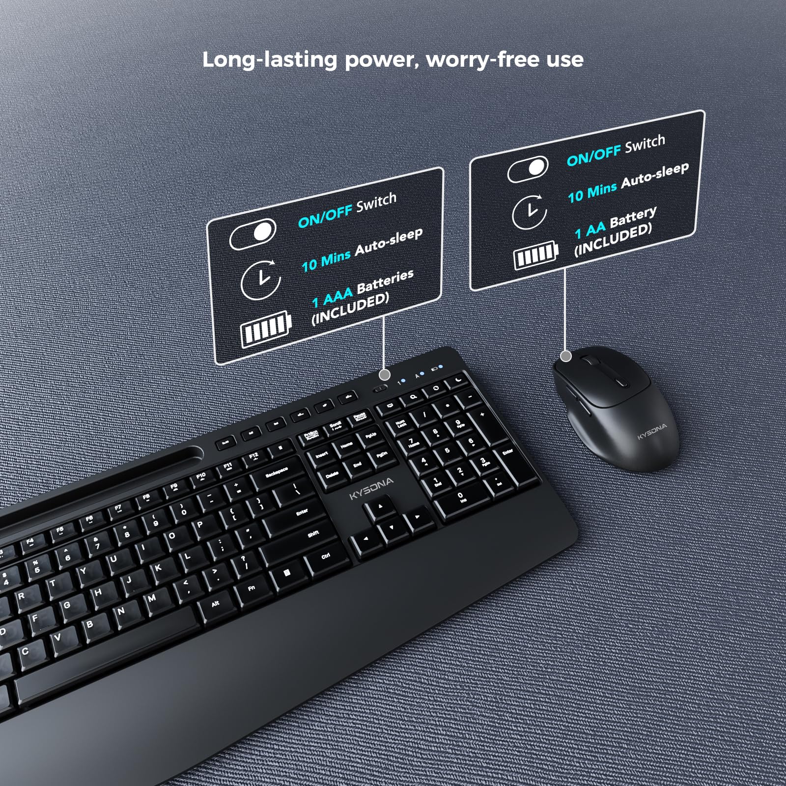 KYSONA Tastiera wireless e mouse, tastiera senza fili di dimensioni standard con poggiapolsi, supporto per iPad, 2,4 G, 3 DPI, mouse ottico regolabile per computer/laptop/PC/MAC/Windows, nero