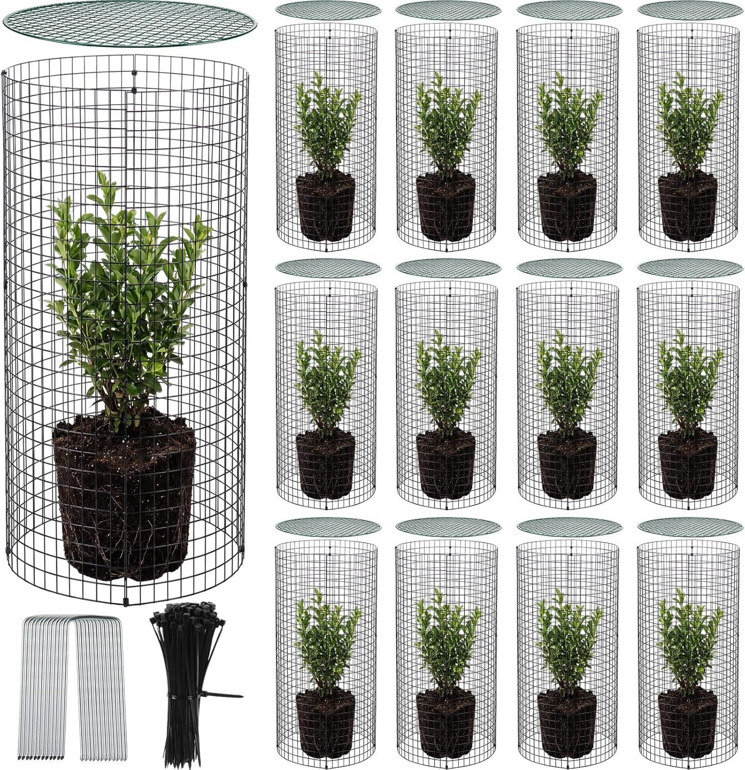 12 Pack 24" x 12" Garden Plant Protectors from Animals with Detachable Covers Metal Plant Cage Chicken Wire Cloche with Ground Stakes and Nylon Tie for Flower Vegetable to Keep Animals Out