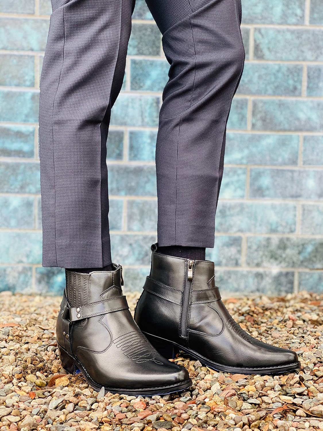 CALTO Men's Invisible Height Increasing Elevator Shoes - Black Premium Leather Cowboy Zipper Boots - 3.3 Inches Taller - T8112 - Size 9 D(M) US - Image 8