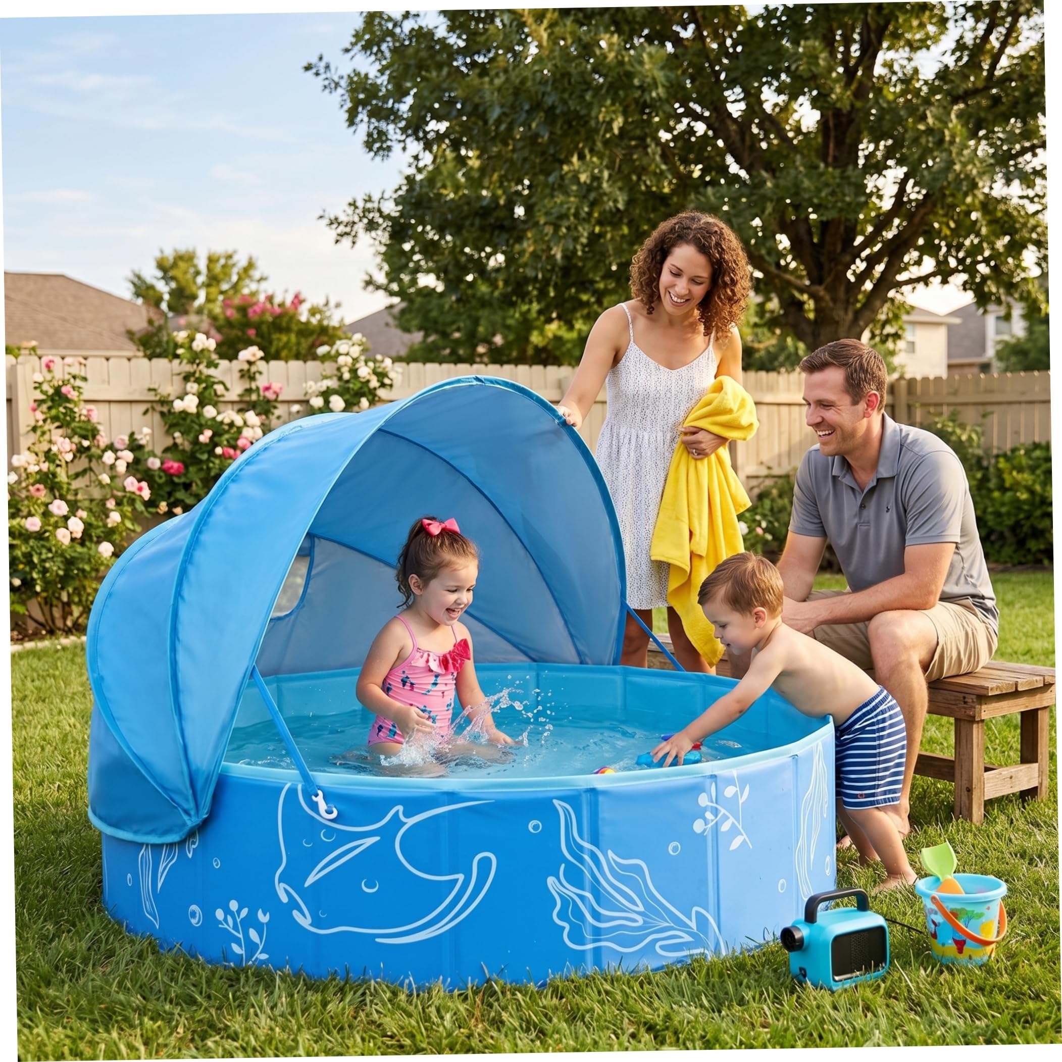 Piscina de playa para bebés, piscina infantil de PVC con toldo, playa plegable portátil para bebé, azul, 47.2 x 11.8 pulgadas