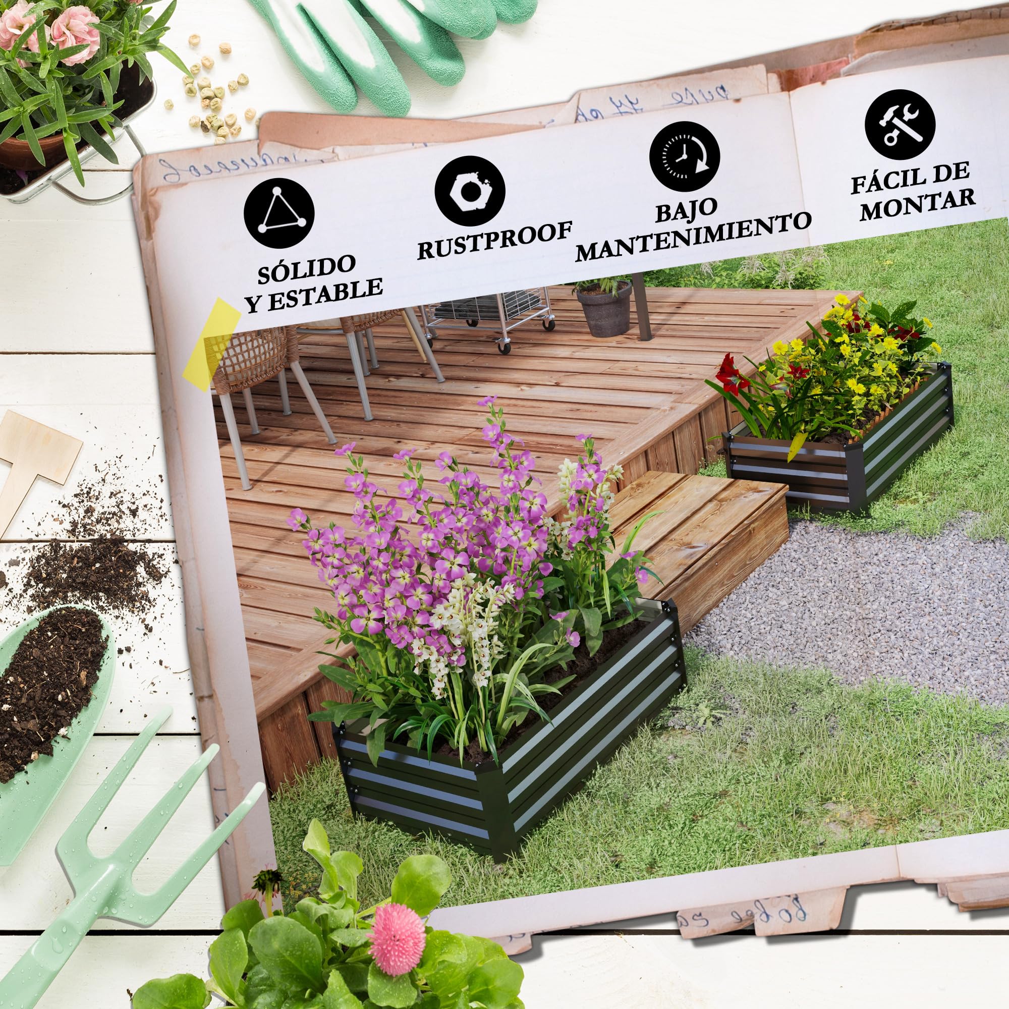 Outsunny Juego de 2 Jardineras de Exterior de Acero Maceteros Grandes de Exterior Huerto Urbano Rectangular para Cultivos Plantas Flores para Patio Jardín 100x60x30 cm Gris Oscuro