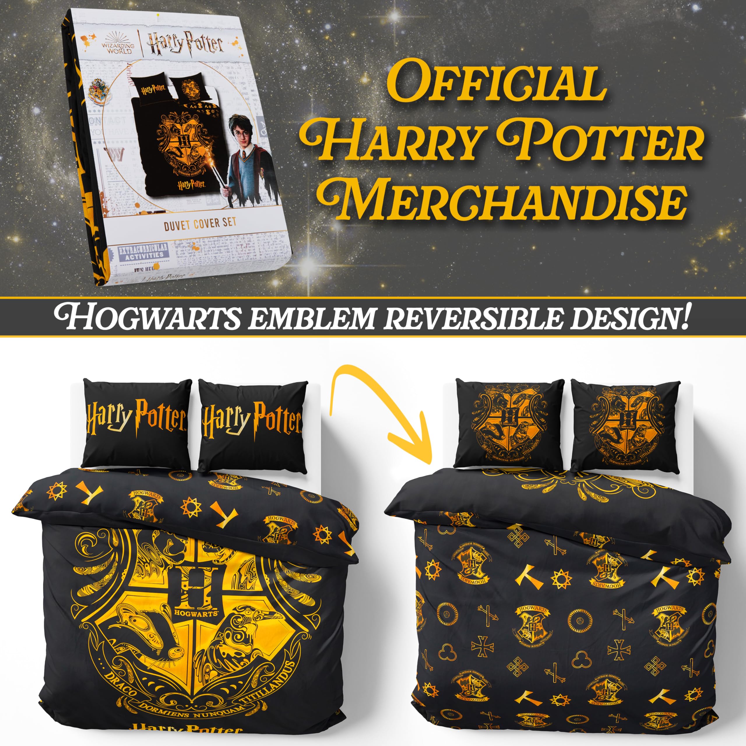 Harry Potter Poszewka na kołdrę i poszewka na poduszkę zestaw dzieci nastolatki kobiety pościel akcesoria do sypialni - rozmiar pojedynczy lub podwójny (czarny podwójny)