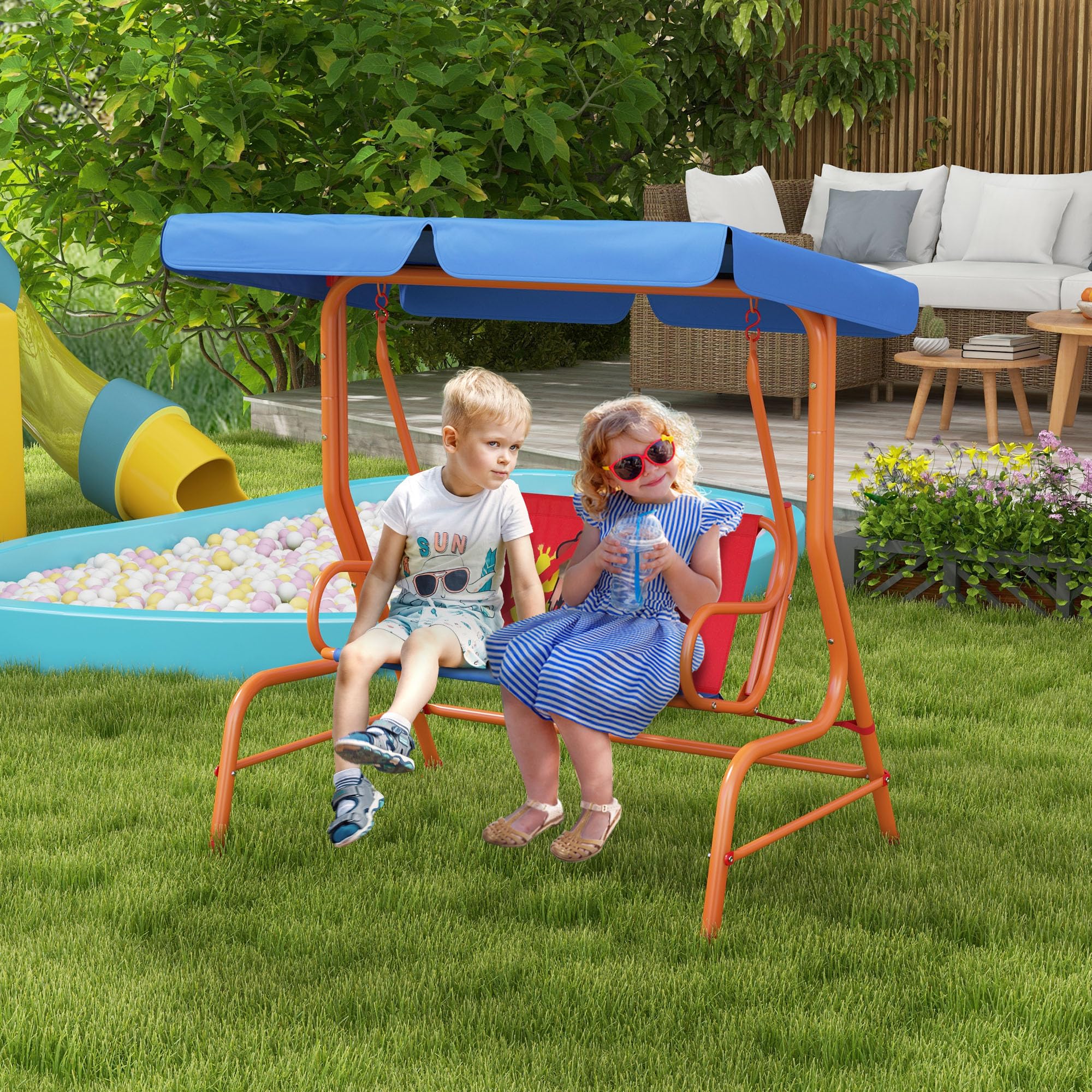 Outsunny Chaise balançoire 2-Places avec auvent réglable Rouge et Bleu