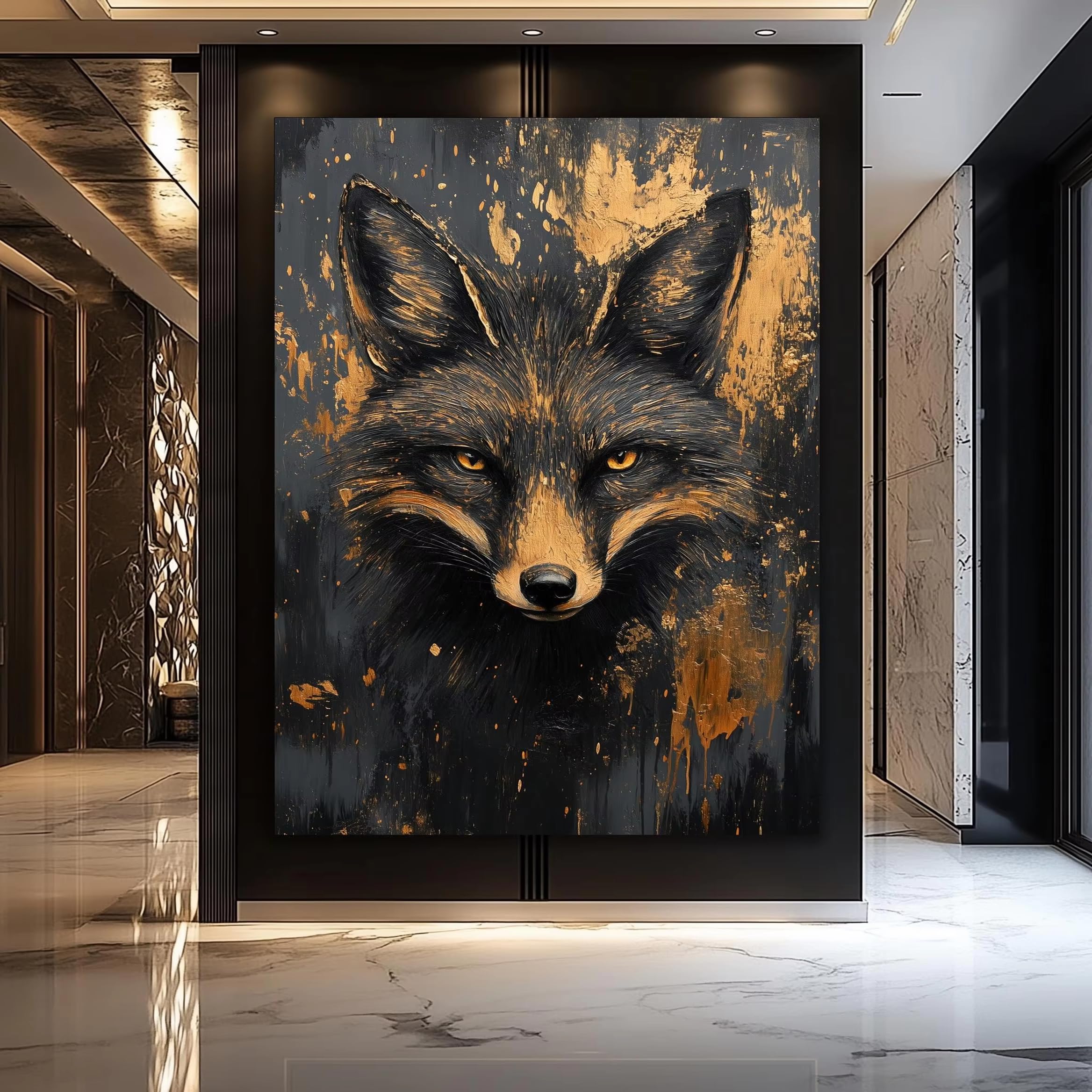 Tableau renard noir et or, solution déco moderne pour habiller vos murs vide