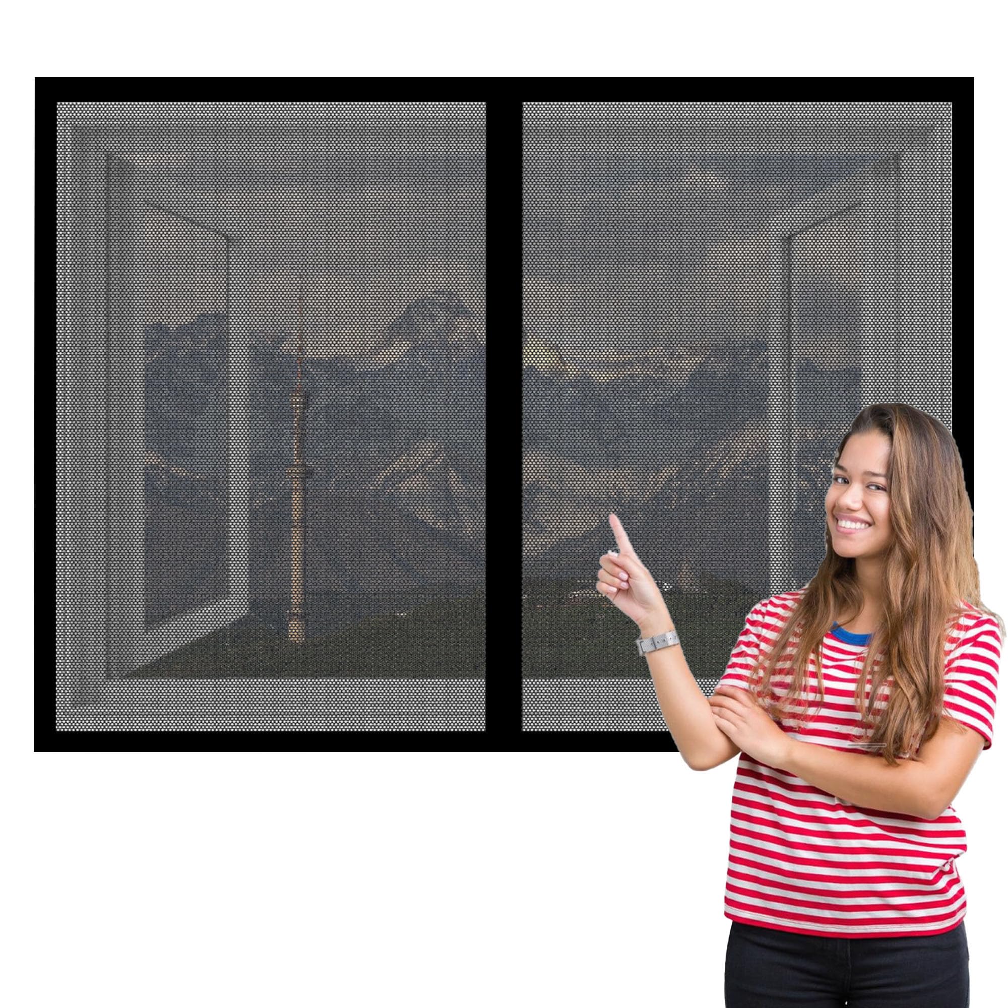 Window Fly Screen 175 x 165 cm with Selfadhesive Window Fly Net Easy Install for Living Room Bedroom Offfice, Black