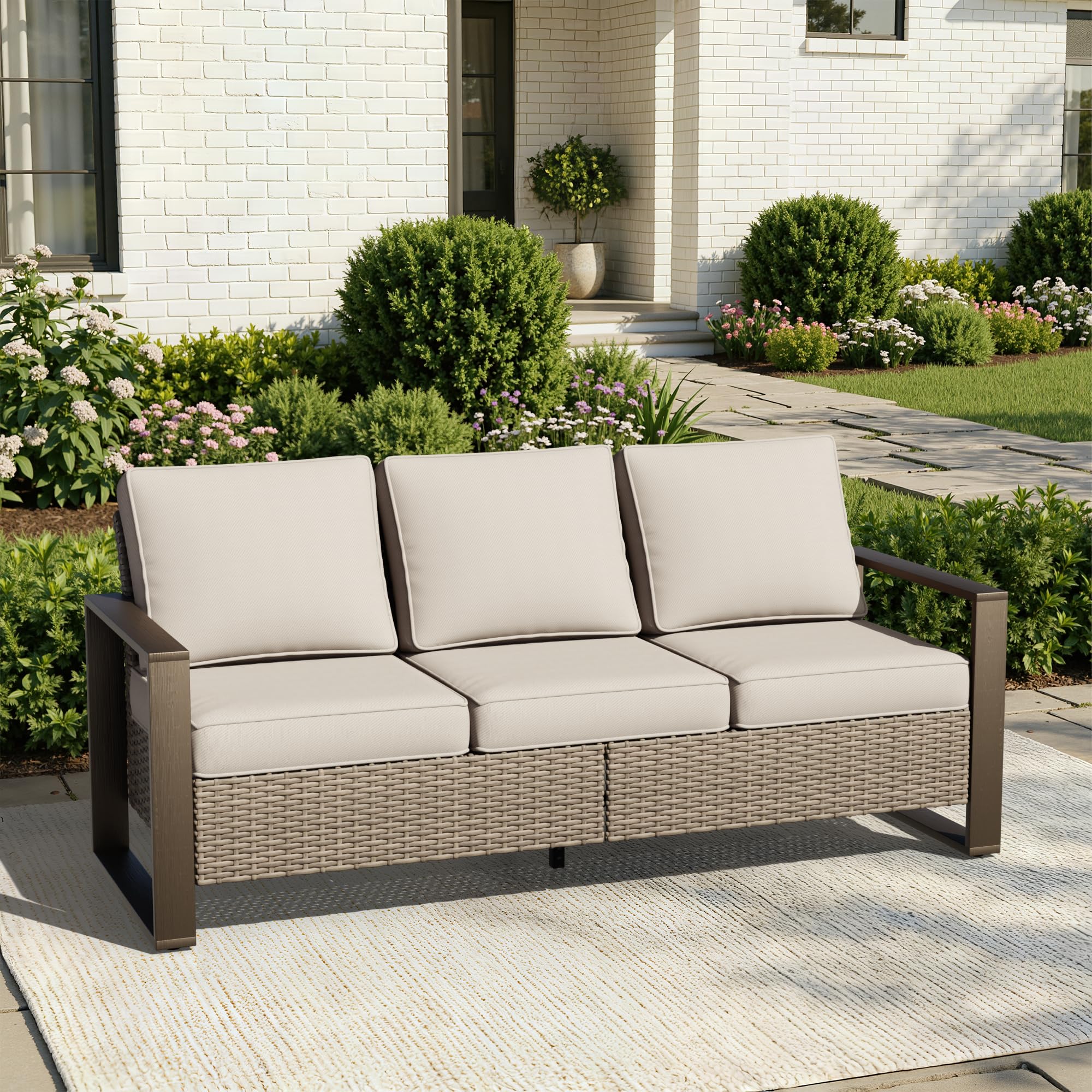 Joyside Outdoor Patio Wicker Sofa, 3-Seater Rattan Sofa with Thick Olefin Cushions and Metal Steel Rectangular Framed Armrest -Looking Metal Armrest