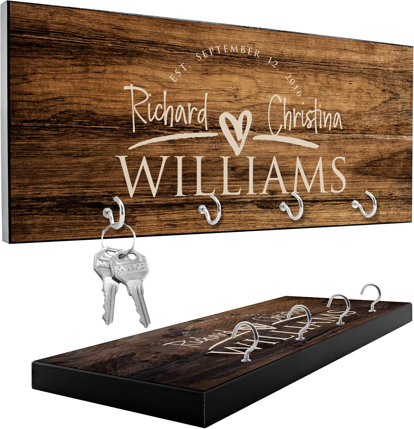 Key Hangers for Wall, Personalized Text Option w/Elegant 12 Design, 3 Wood Options, House Warming Present for New Home, Mr Mrs Wedding Gift for Couple, Custom Key Ring Holder for Wall - Key Rack