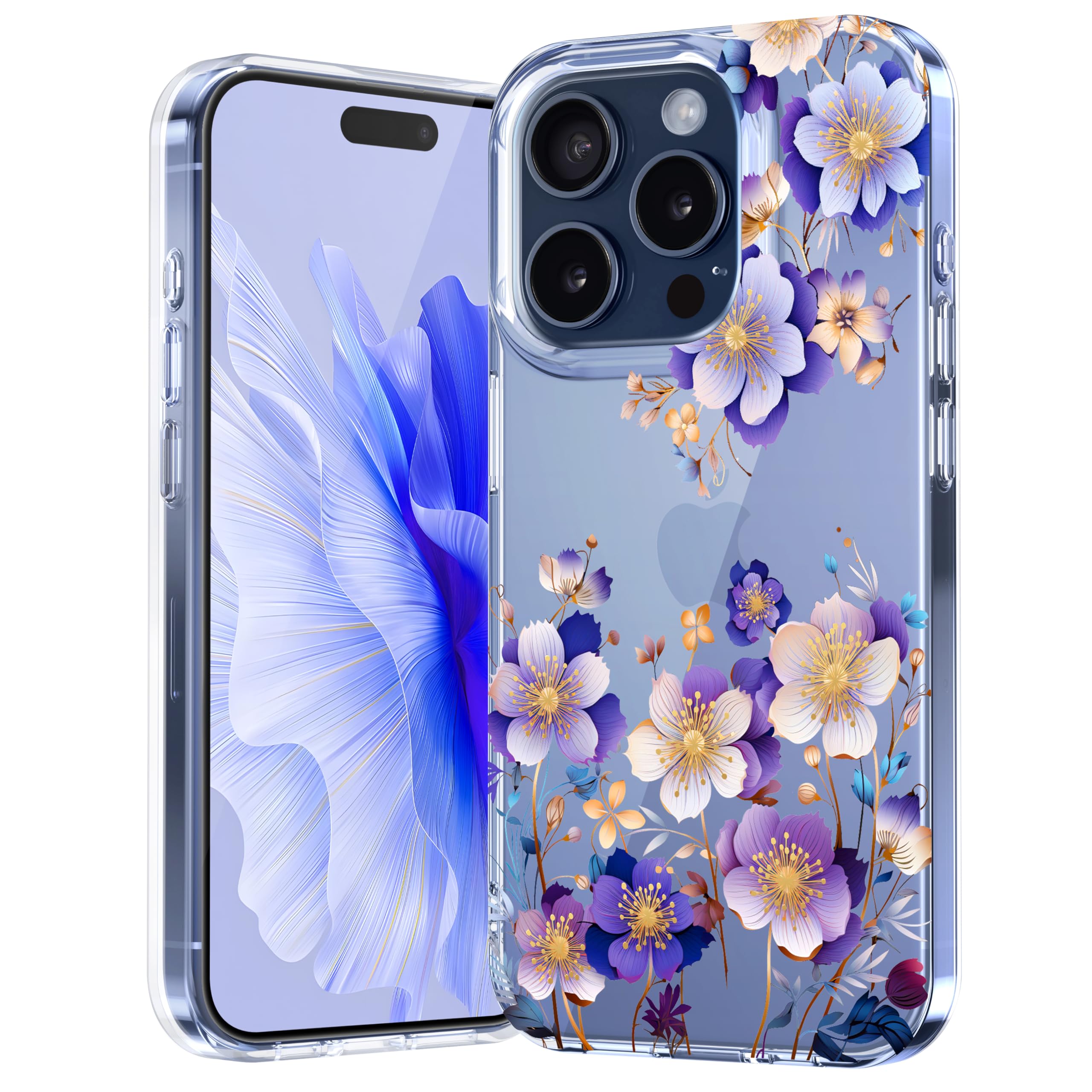 for iPhone 15 Pro Max Case Floral, Hard PC + TPU Bumper Shockproof Protective,Flower Clear Fashionable Patterns Designed 15 ProMax Case Women and Girls Phone Cover 6.7"(Purple Flower F7)