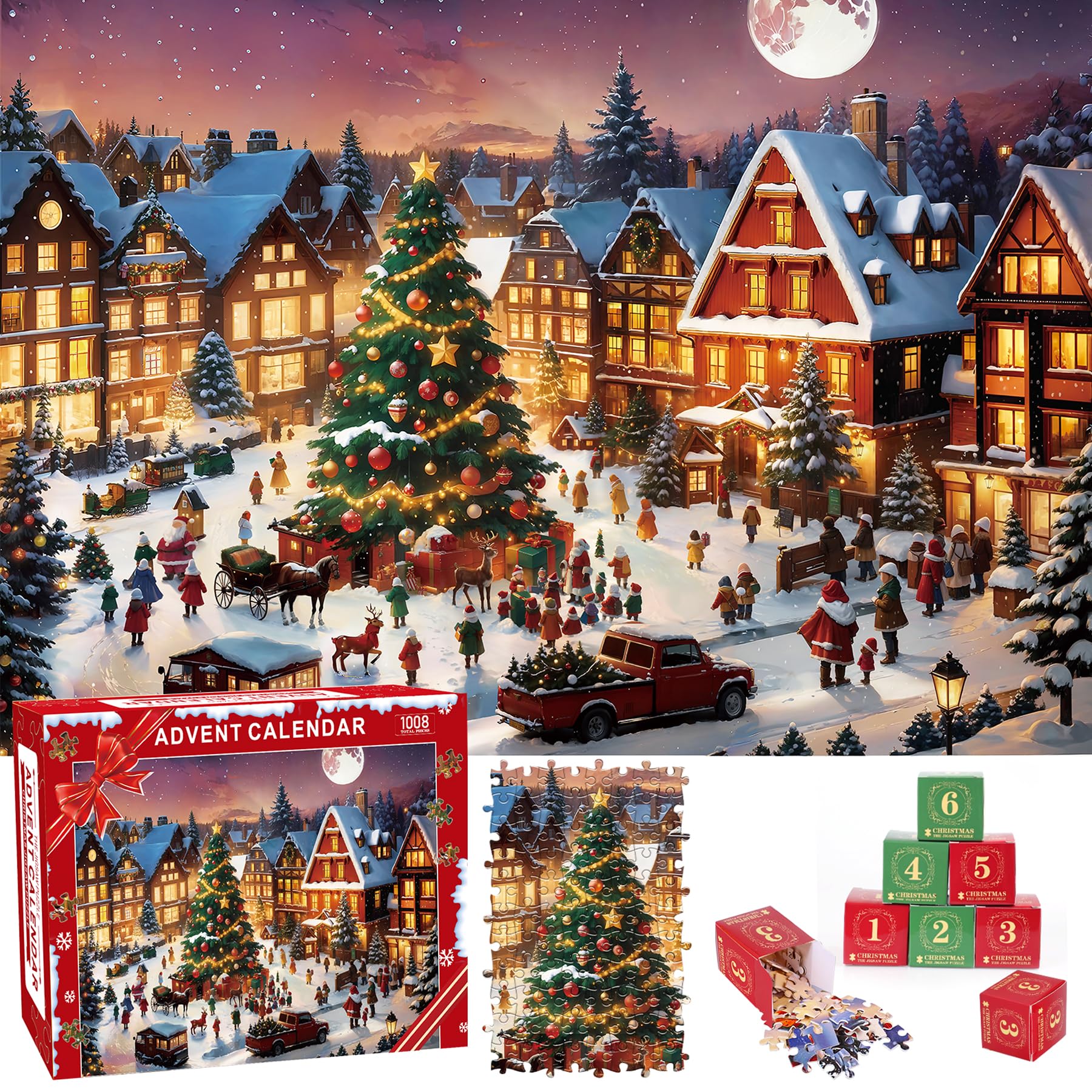 Christmas Jigsaw Puzzles 2026,Red Jigsaw Advent Calendar 24 Box 1008 Pieces