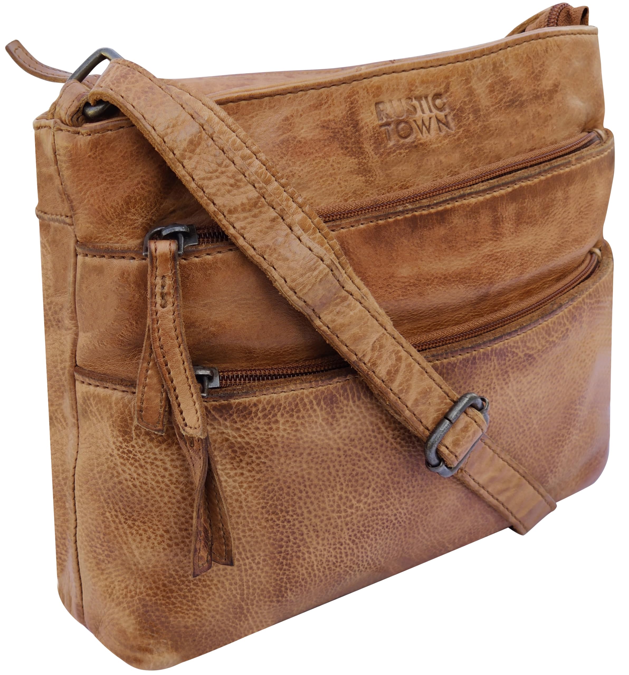 RUSTIC TOWN Leather Crossbody Bag for Women - Washed Leather Travel Sling Purse Hobo Handbags for Girls, Cognac