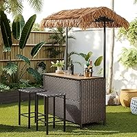 Belord 3-Piece Outdoor Tiki Bar Set with Palapa Top - Wicker Bar Height Table, 2 Stools, Storage Shelves & Wine Rack, All-Weather Brown Patio Bar