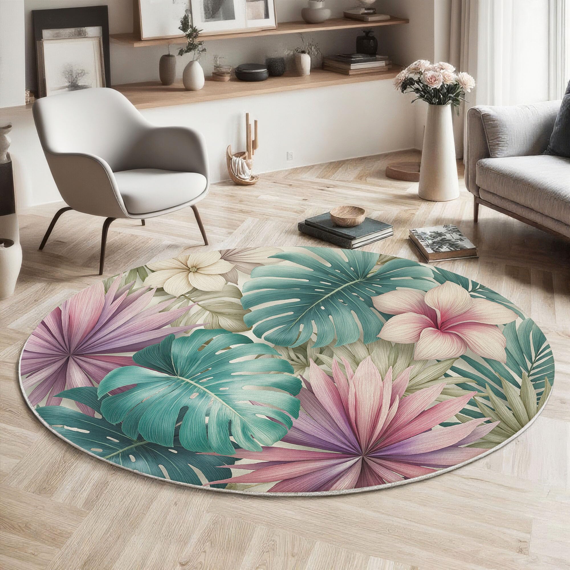 Tapis de salon à poils courts motif floral artistique fait main 100cm