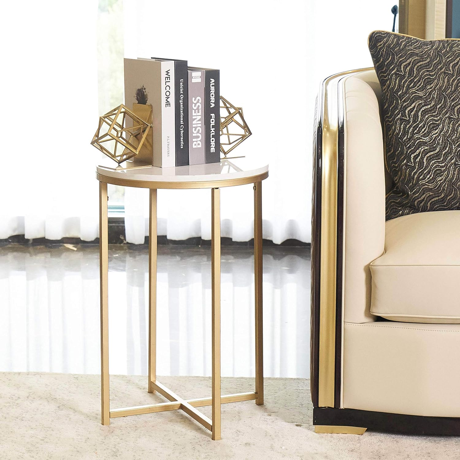 Gold Round Side End Table with Marble Top, Modern Bedside Small Coffee Table for Living Room Bedroom Small Space, 15.7" D x 24.5" H