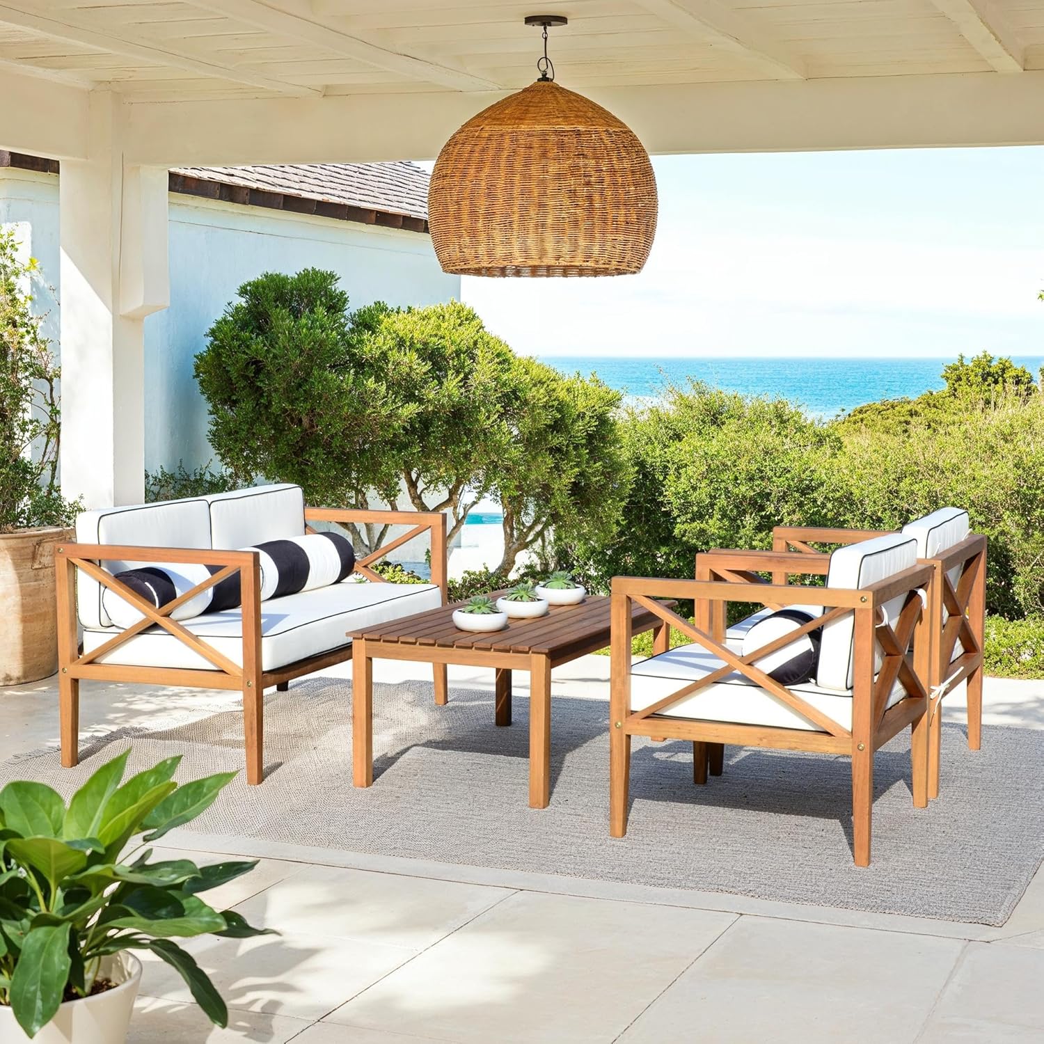 Safavieh PAT7031A Collection Nunzio Teak and White and Navy 4 Pc Accent Pillows Outdoor Set