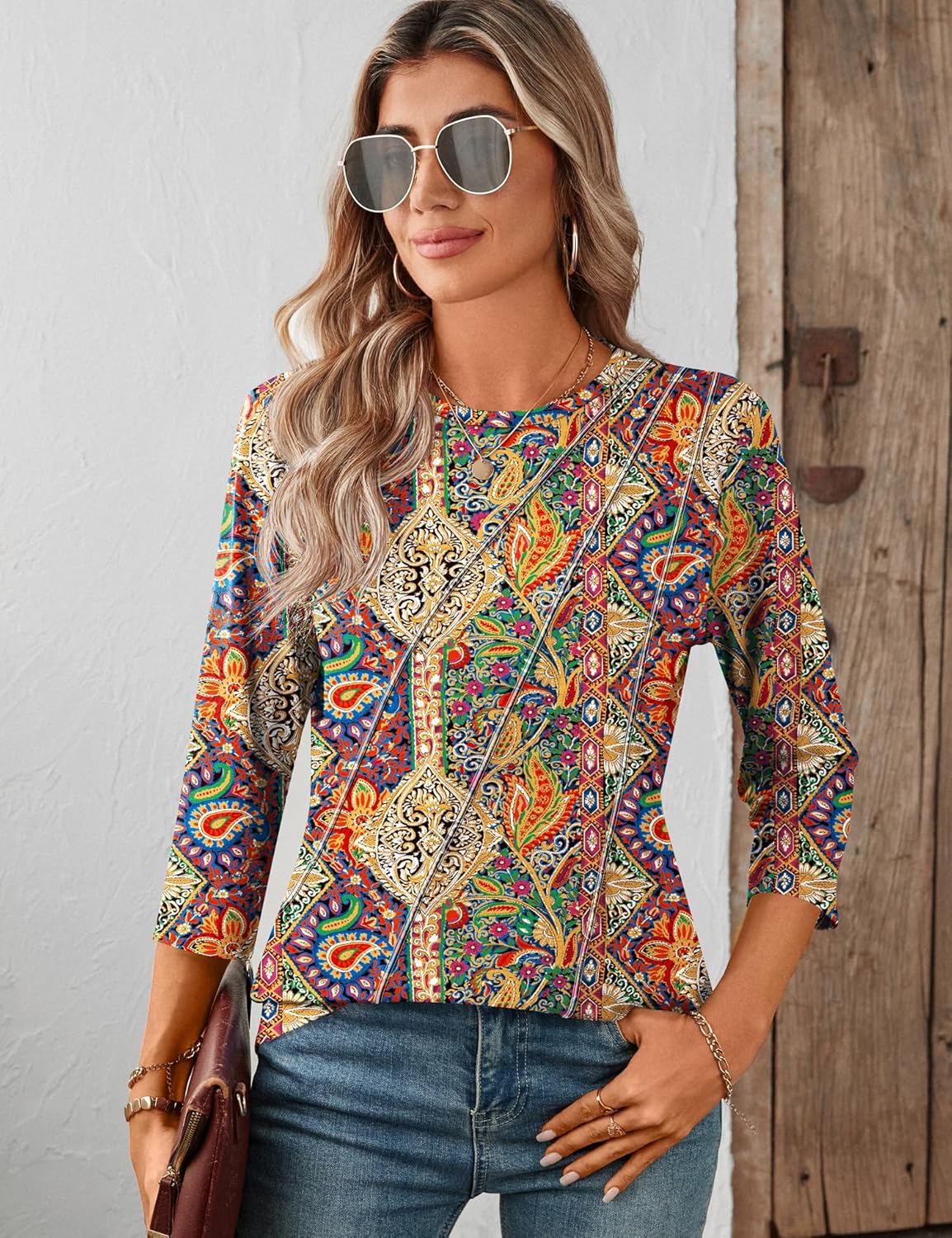 LOMON 3/4 Length Sleeve Womens Tops Spring Summer Fashion 2026 Tops Crew Neck Pleated Shirts Tunic Top Loose Fit - Image 4