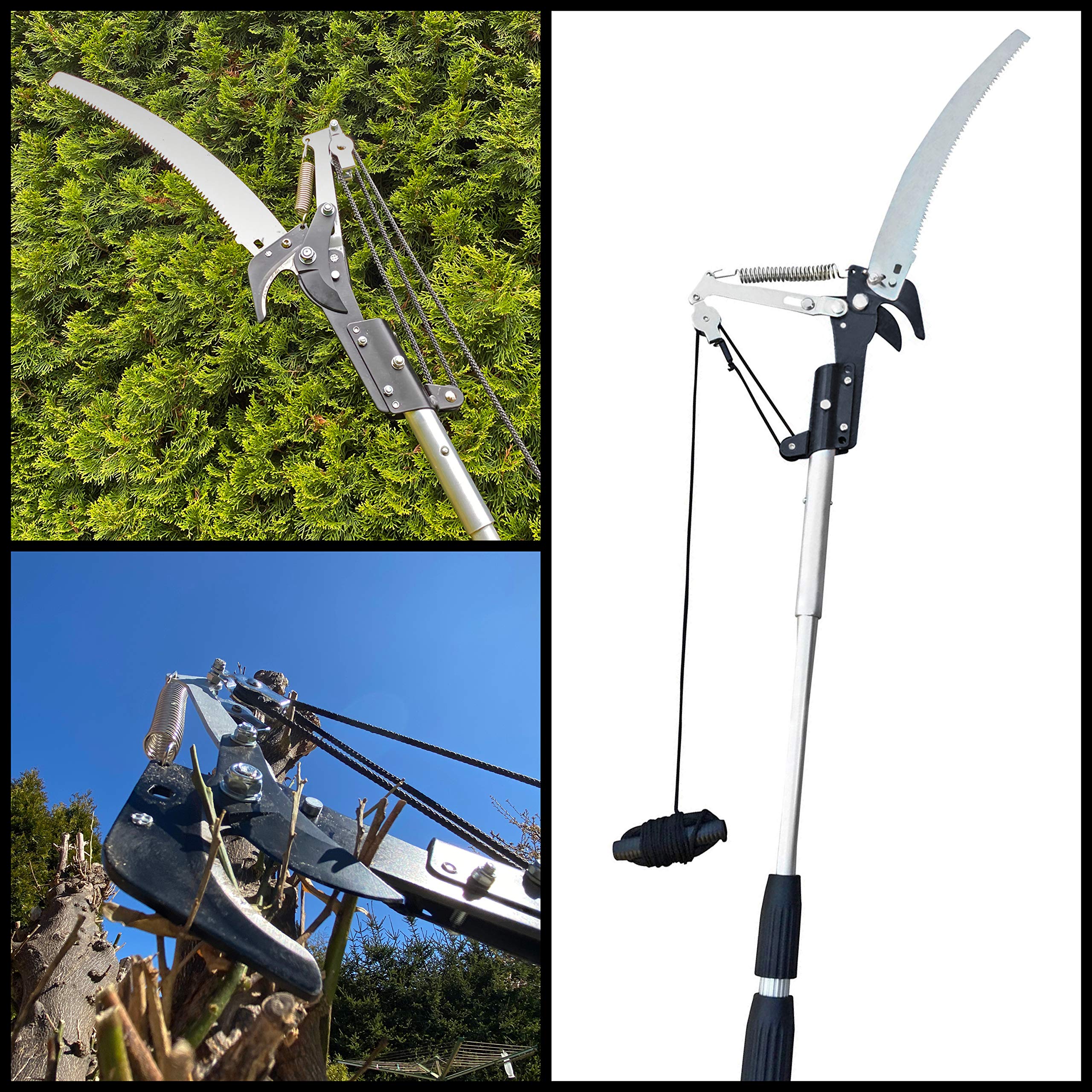 FenWi Teleskop Baumpflege Gartengeräte Set mit 6m Aluminium Teleskopstange, Astschere (Raupenschere mit Zugschnur), Astsäge, Obstpflücker und Baum-Haken - bis zu 8,50m Höhe