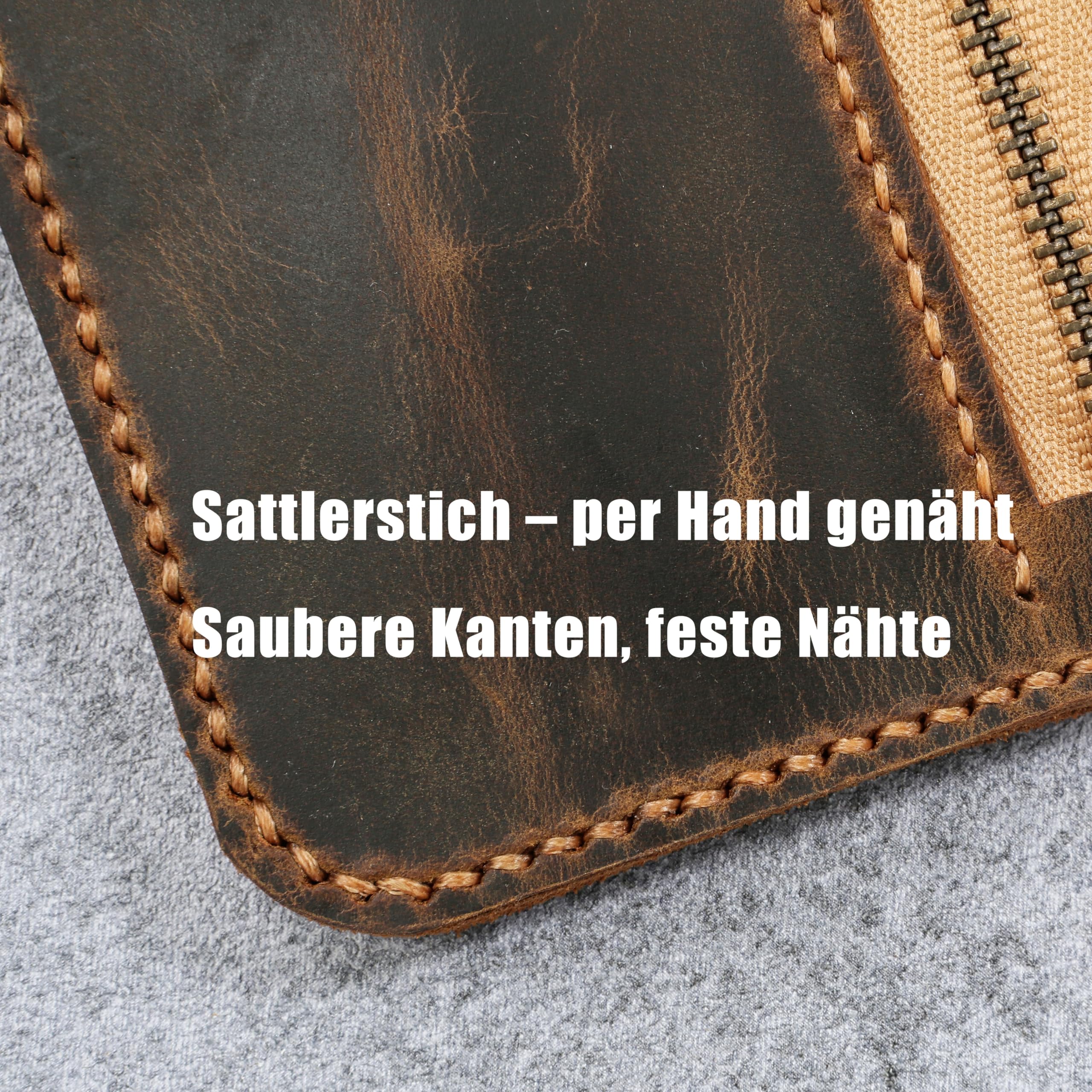 A5 Ringbuch-Notizbuch aus Vollnarben-Rindsleder, nachfüllbares Leder Tagebuch mit 6-Ring-Mechanik, YKK-Reißverschluss, Zusatzhüllen & Messing-Druckknopf, Retro Look Schreibmappe/Business Organizer
