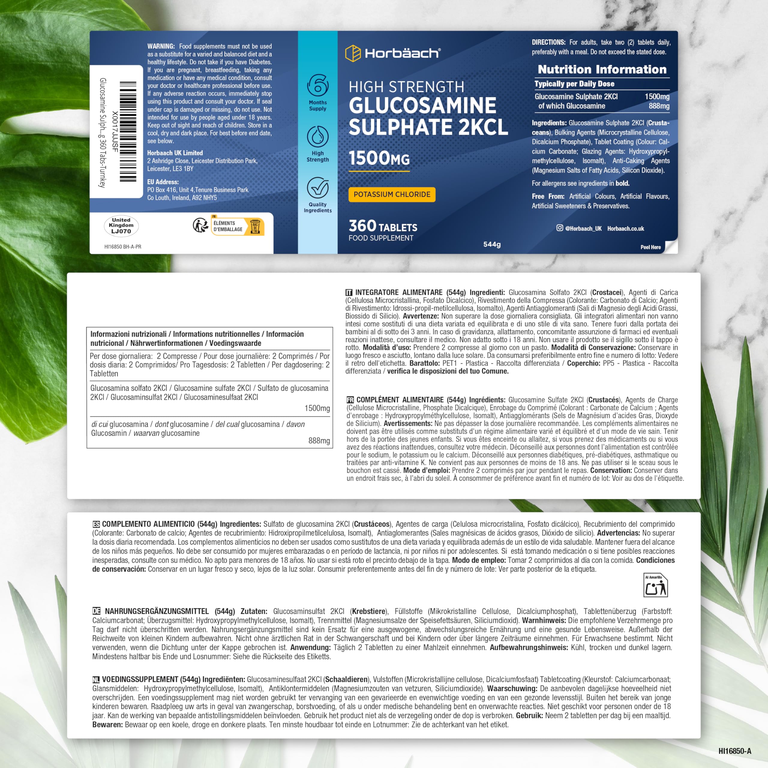 Glucosamine Sulfate 1500mg 2KCl | 360 Comprimés | Complément Alimentaire à Haute Dose | Glucosamine Sulphate Supplement | by Horbaach