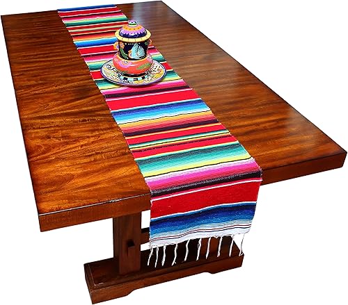 Miniatura 2 de Camino de mesa colorido a rayas fabricado en México 83x14 pulgadas.