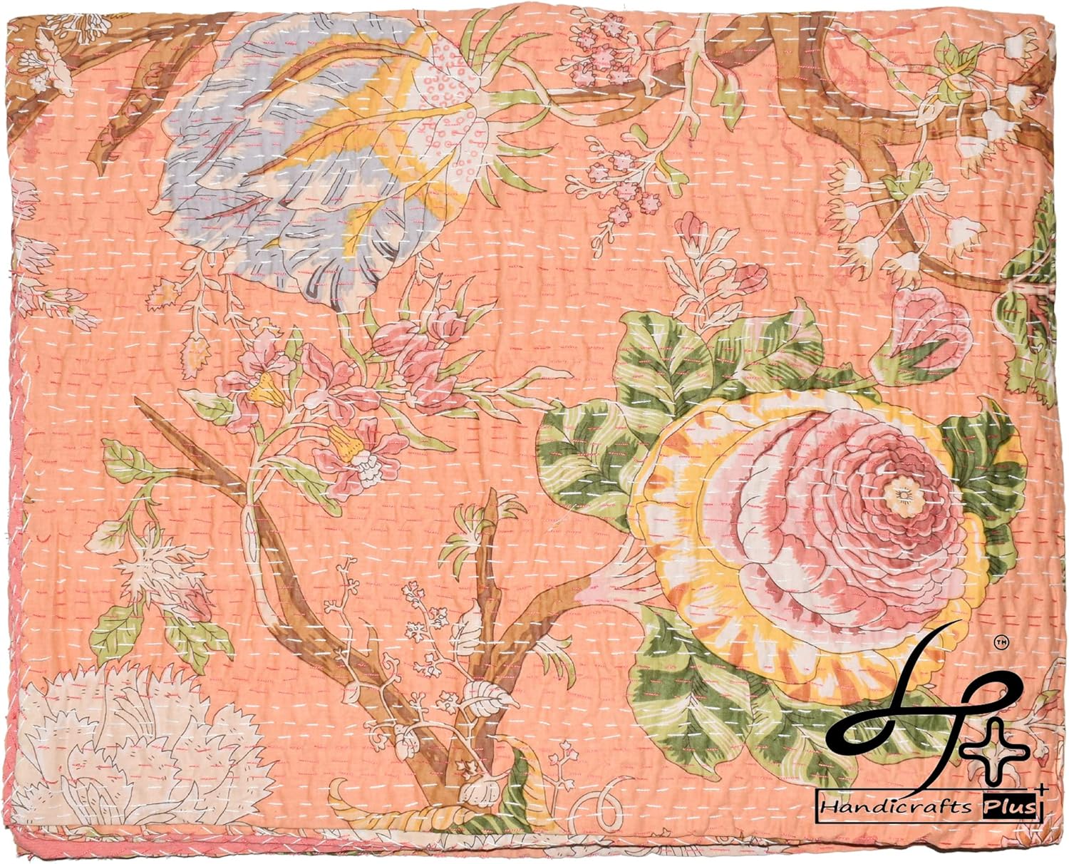 King/Queen Size Blanket Handmade Bedcover Decorative Bedspread Peach Color Beautiful Gudari Floral Print Cotton Bedsheet 90X108