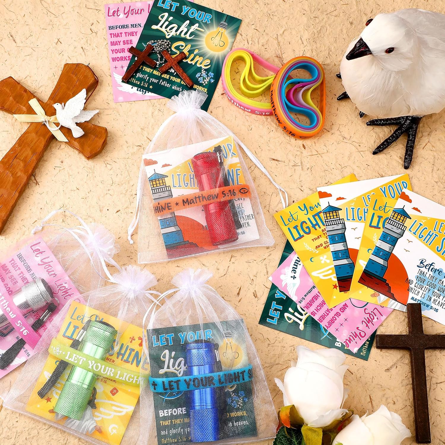 Flutesan 96 Pcs Easter Let Your Light Shine Gifts Glow in Dark Christian Religious Mini Flashlights Bulk Silicone Bracelets Bible Verse Cards Bags for Baptism Party Trunk or Treat Stuffed Gifts