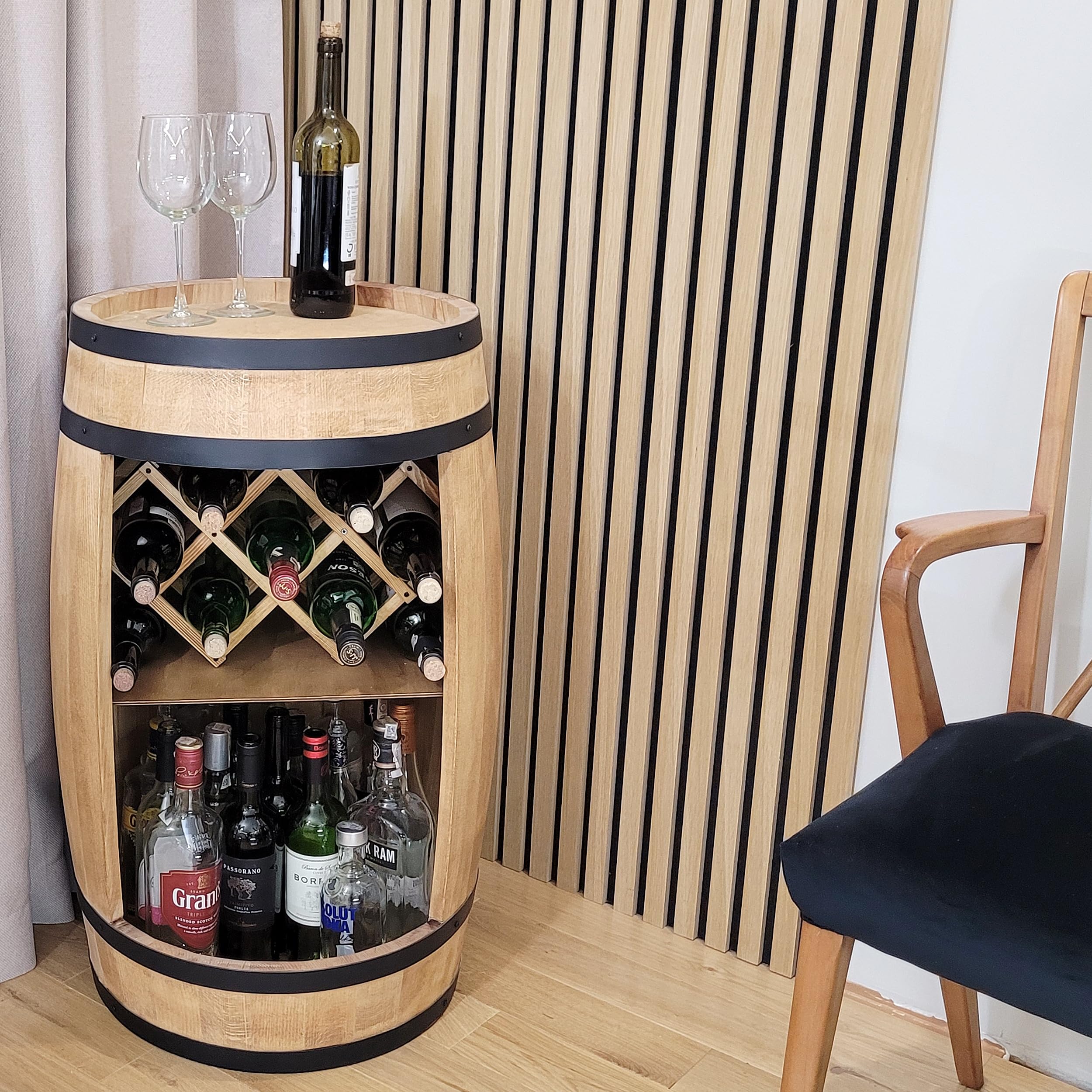 weeco Barilotto in legno da 80x50cm per soggiorno, Minibar, Bar da parete, Barile in legno, Botte da collezione per bottiglie, Scaffale per bottiglie per vino, Cantinetta per Cucina, Portabottiglie
