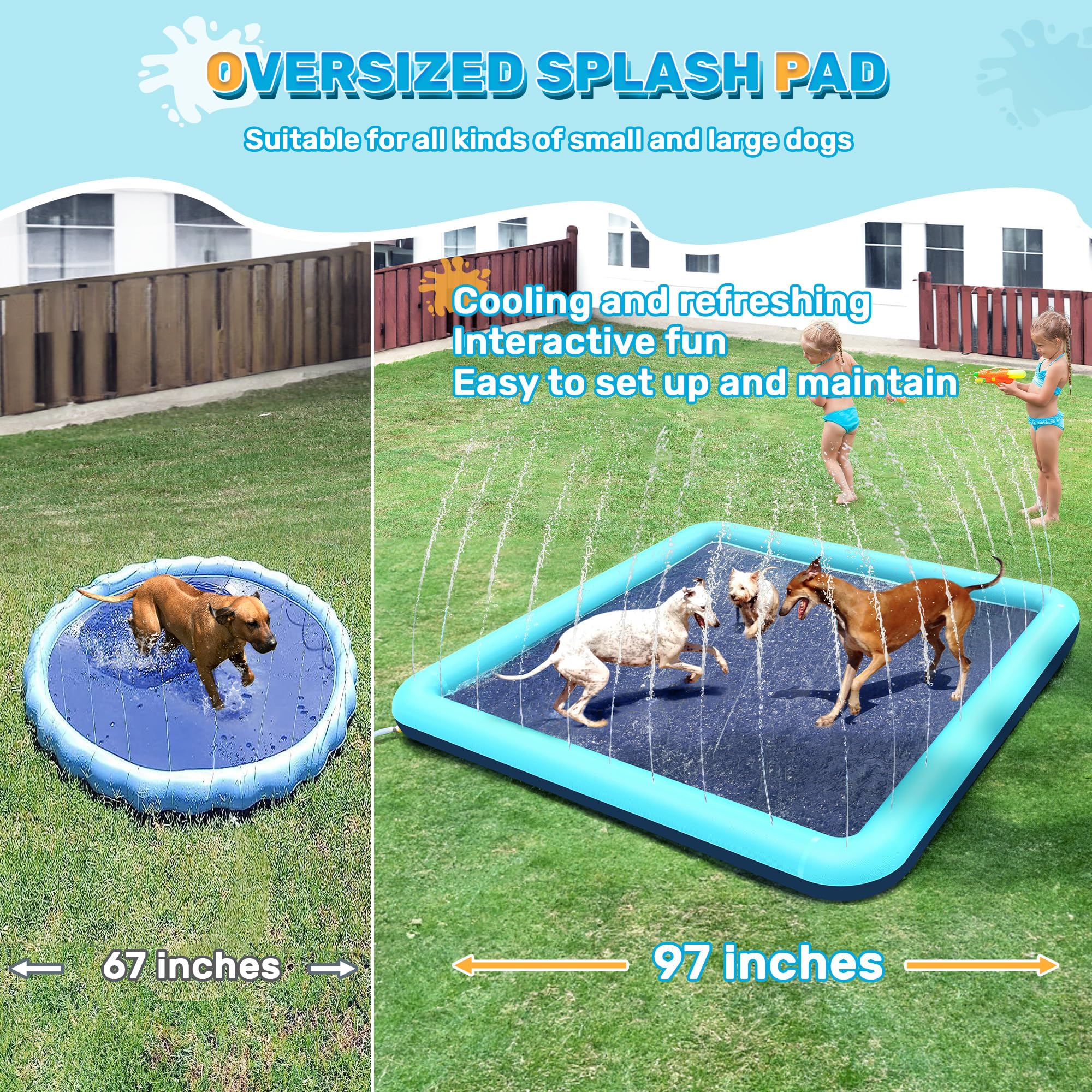 Almohadilla cuadrada de 68 x 68 pulgadas para niños pequeños y perros, piscina de aspersor antideslizante, alfombra de juego de agua poco profunda para diversión de verano en el patio trasero