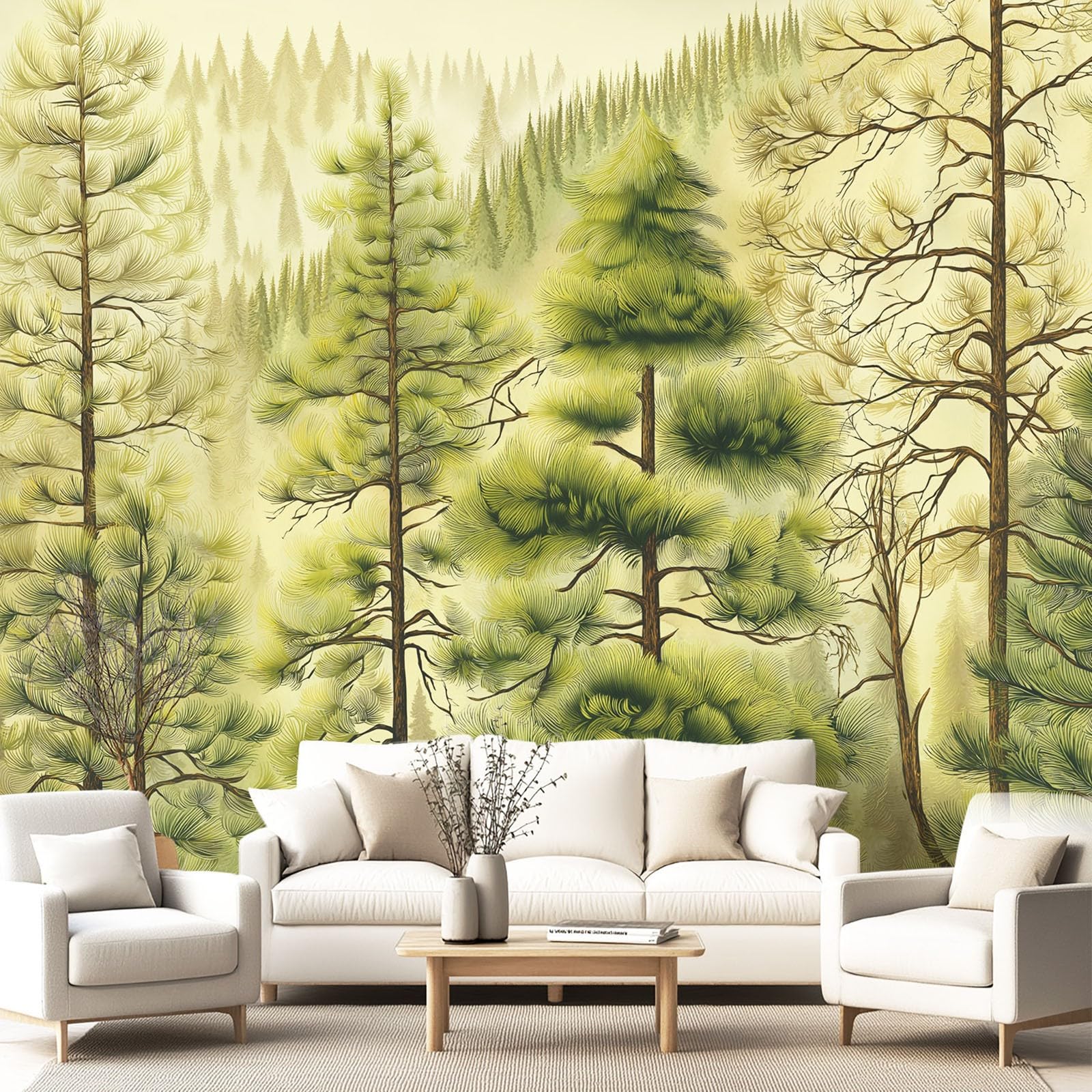 Générique Świeża nordycka natura tapeta panoramiczna 300 x 210 cm do salonu dekoracja pokoju dziecięcego dekoracja ścienna rośliny sosny