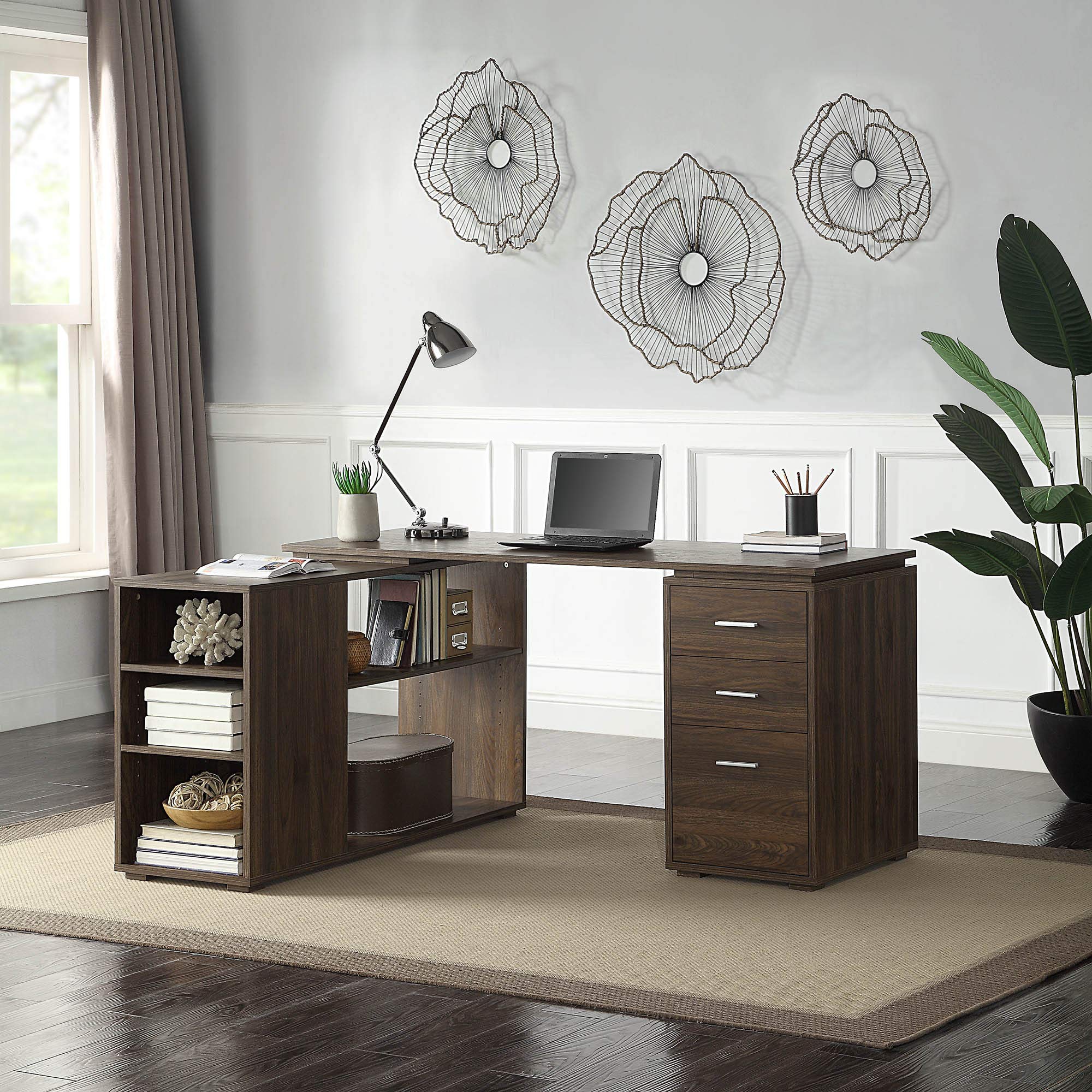 44 In. L-shaped Walnut Computer Desk With Shelves