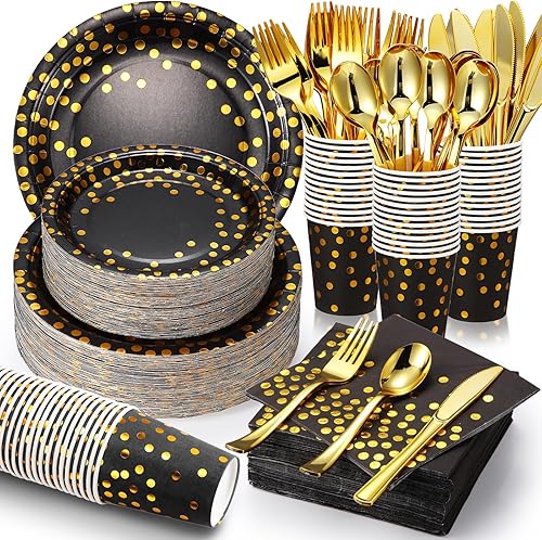700 piezas de suministros de fiesta negros y dorados, juegos de vajilla desechables para 100 invitados, platos de papel negro y dorado, servilletas,