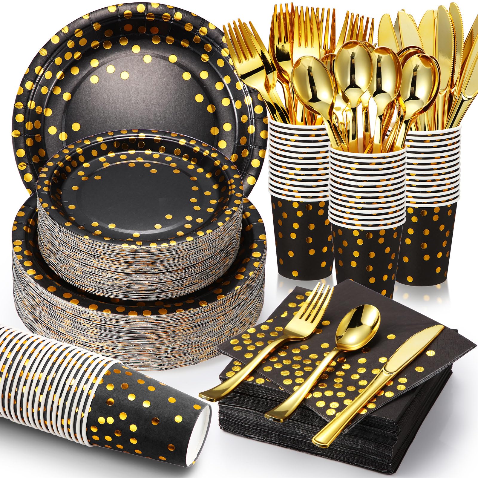 700 Pcs Black and Gold Party Supplies,Severs 100 Guests Disposable Dinnerware Kits Black Gold Paper Plates Napkins Cups Gold Plastic Forks Knives