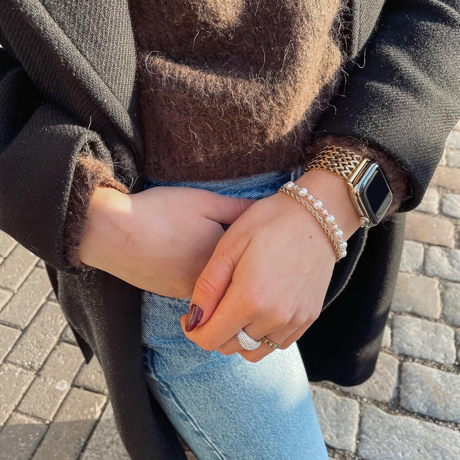 Shiny Metal Bracelet Compatible with Apple Watch Band for Women, Made of 316 Stainless Steel Strap (Gold, 42mm (Series 10) & 38/40/41mm)