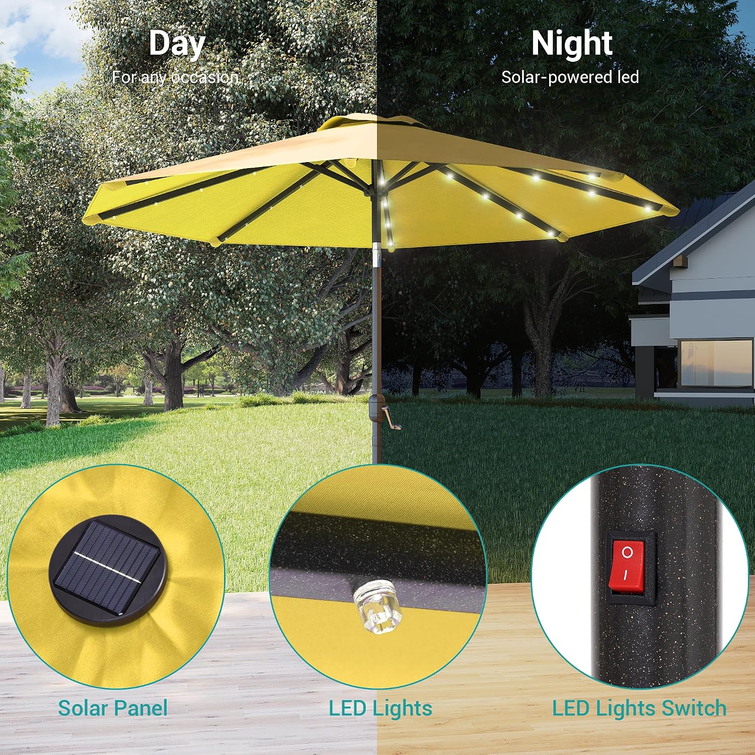 7.5ft Solar Patio Umbrella, Steel umbrella outdoor patio with Tilt and Crank, Waterproof Sunshade Canopy, 6 Ribs Outdoor Umbrella for Garden Deck Backyard Pool,Taupe