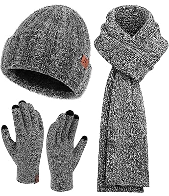 Womens Winter Warm Knit Beanie Hat Touchscreen Gloves Long Neck Scarf Set with Fleece Lined Skull Caps Gifts for Women