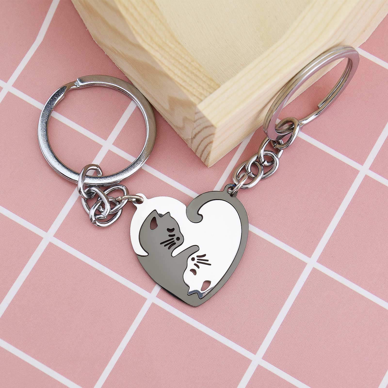 1 par de llaveros/collares de acero inoxidable pareja gatos en forma de corazón rompecabezas colgante conjunto a juego, Negro-Plata 9